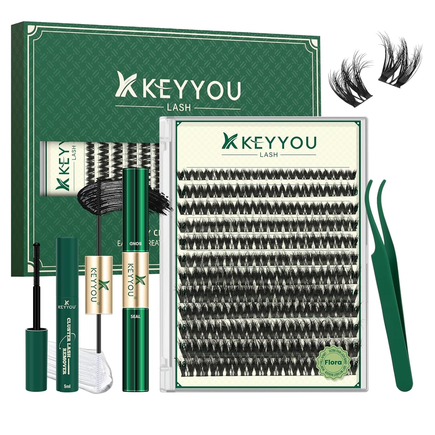 KEYYOULASH Flora Lash Clusters Kit 3D DIY Lashes Extension Kit Eyelash Clusters 144pcs Thick Individual Lashes Fluffy and Soft Wispy Volume Lashes with Waterproof Lash Bond and Seal & Remover (F01)
