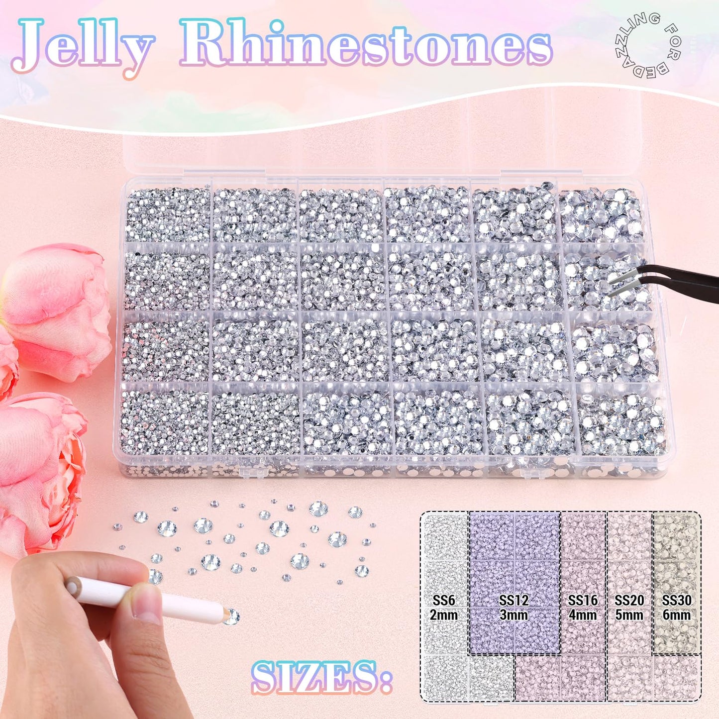 25000Pcs Resin Jelly Rhinestones with Tweezers for Crafting, 2-6mm Mixed Sizes (Clear) Non Hotfix Flatback Gems, Bedazzling Crystal for DIY Crafts Clothing Tumblers Mugs Shoes Decor Nail Art