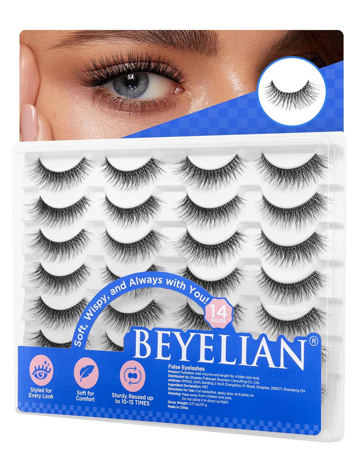 BEYELIAN 14 Pairs False Eyelashes Wispy D Curl 6-14MM Cat Eye Lashes Natural Look, Fluffy 3D Volume Faux Mink Lashes Soft and Lightweight, Reusable, Easy to Apply (14P-HSCS-30)