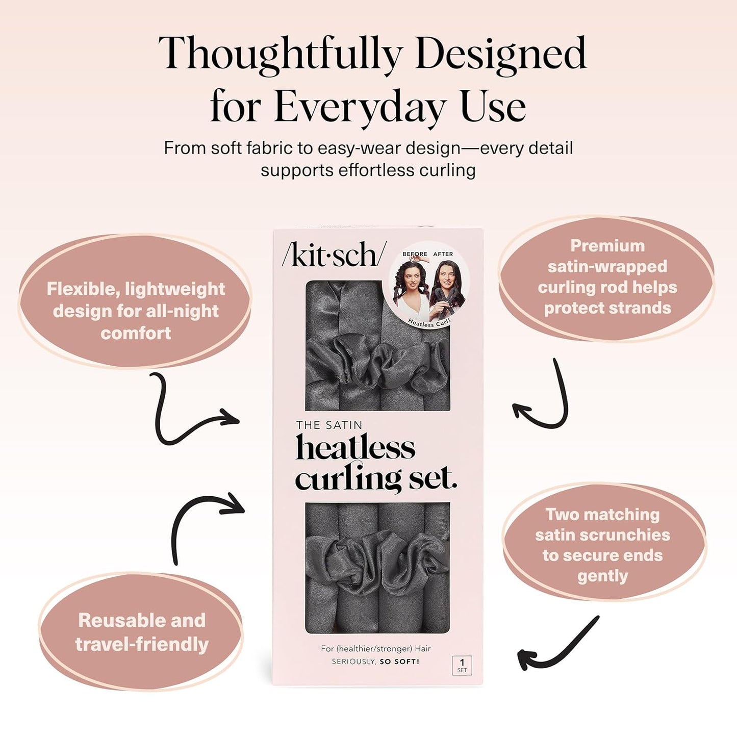 Kitsch Satin Heatless Curling Set – Heatless Hair Curler for Women, Hair Curler to Sleep In - with 2 Satin Scrunchies for Overnight Curls – No Heat Damage Styling with Heatless Curler - Charcoal