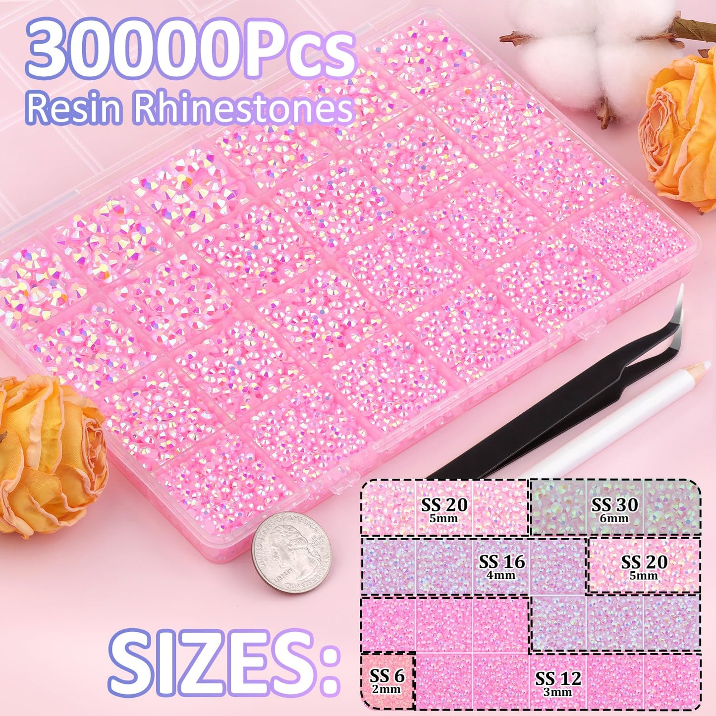 30000Pcs Light Pink AB Rhinestones for Bedazzling with B7000 Jewelry Glue, Bedazzler Kit Flatback Gems, Resin Rhinestones for Crafting Crafts Clothing Shoes Fabric Nail Art Assorted Size 2/3/4/5/6mm