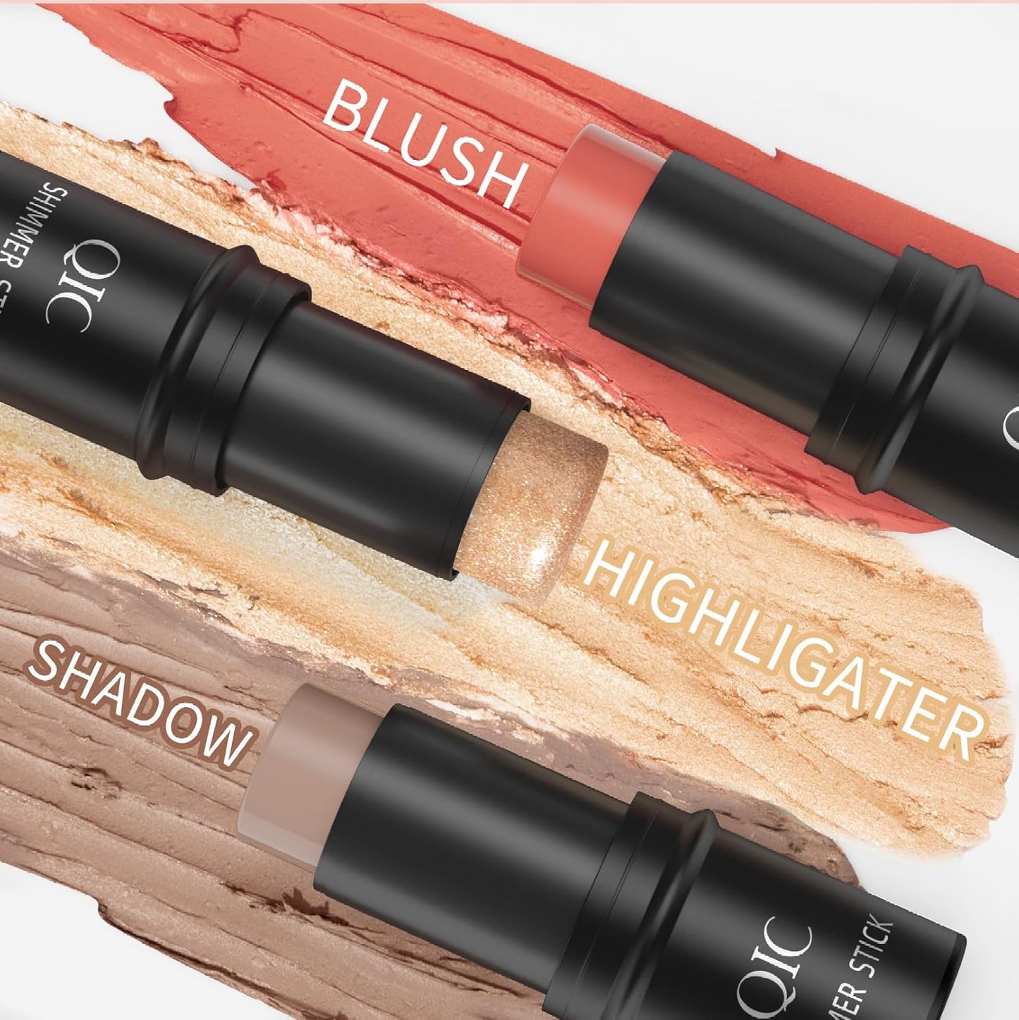3 Colors Multi-Function Stick Set 3D Face Highlight Shadow Blush Stick, Highlighter Stick, Shimmer Cream Powder, Lasting Glow Finish, Creamy Self Sharpening Crayon Highlighter (3 In1)