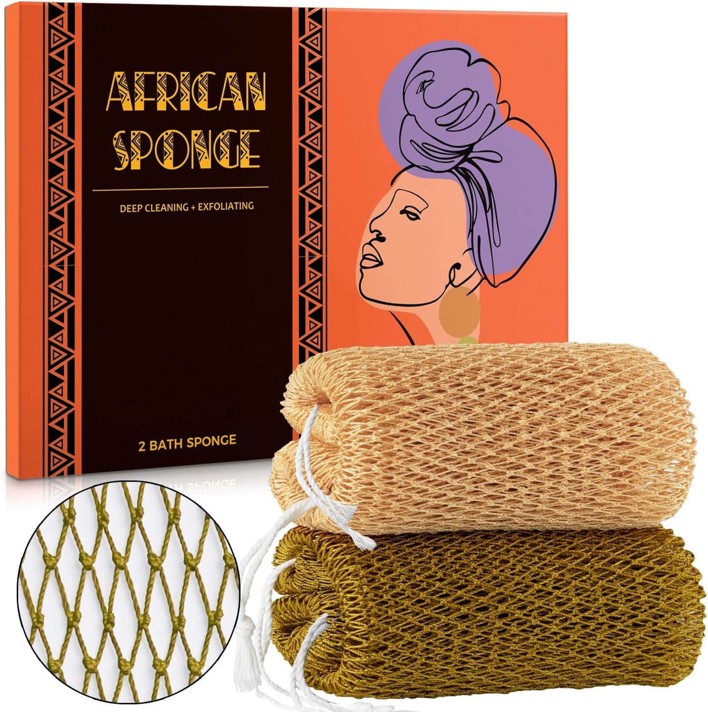 African Net Sponge Authentic - 2 Pieces Real African Exfoliating Sponge with Knots - Afro Back Scrub Net for Body Exfoliator - Bath Loofah Washcloth for Shower Essentials