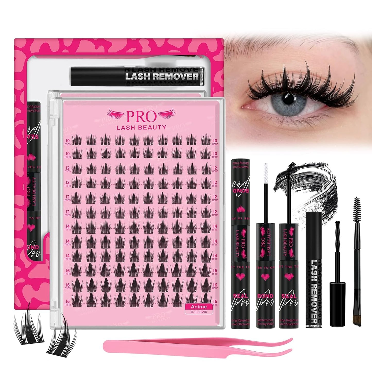PROLASHBEAUTY Manga Lash Clusters Kit Anime Lash Clusters Volume Fairy Ultra-Thin Band Spike Lashes with Lash Bond and Seal Applictor Remover (Anime,10-16mix)