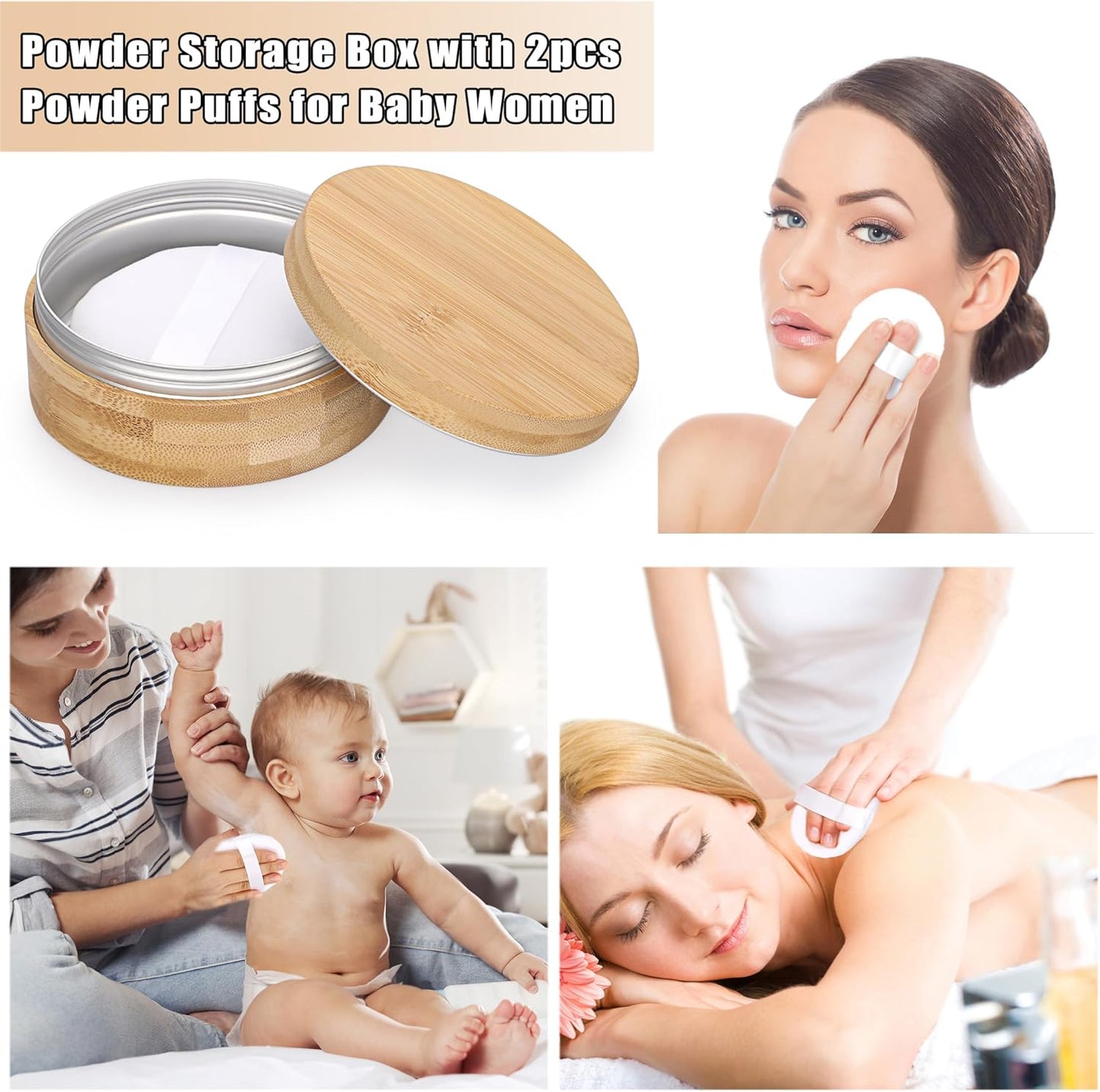 ELLDOO Body Powder Puff and Container, 10oz Empty Bamboo Case with Aluminum Inner Jar, Travel Loose Dusting Powder Storage Box with 2pcs Powder Puffs for Baby Women