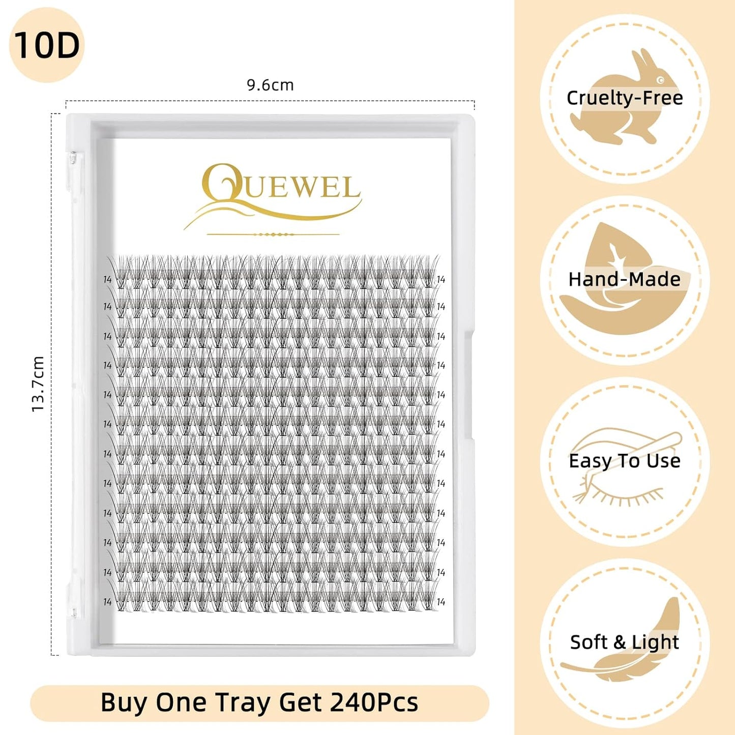 QUEWEL Cluster Lashes 240Pcs Individual Lashes 10D 0.10C Curl 14mm Knot-Free Lash Extensions Clusters Lashes Soft&Natural False Eyelashes Individual DIY Eyelash Extension at Home(10D 0.10C 14)
