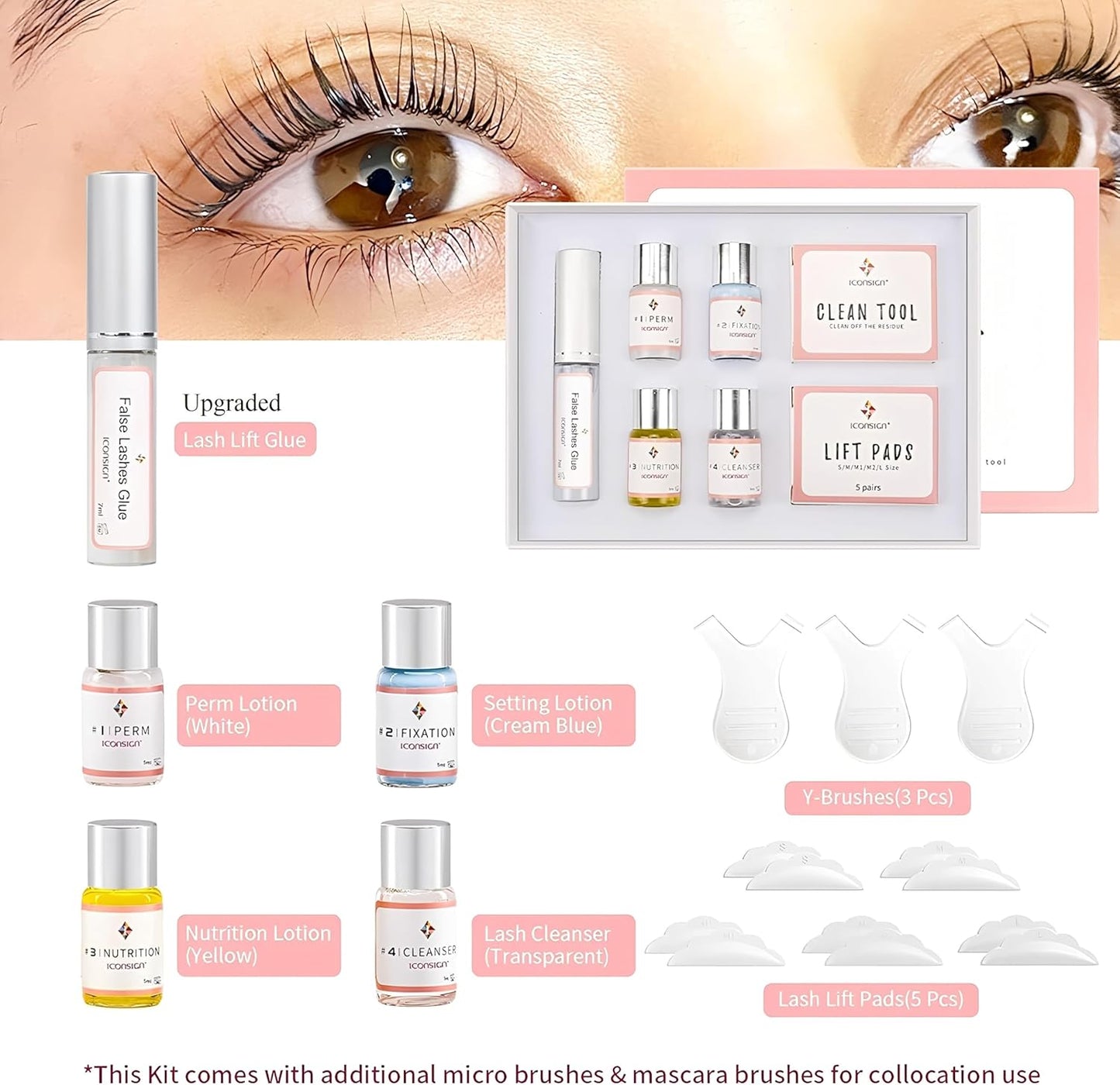 ICONSIGN Lash Lift Kit, Professional Salon Semi-Permanent Curling Eyelash Perm Kit with Lash Shields, Eye Gel Pads and Brushes