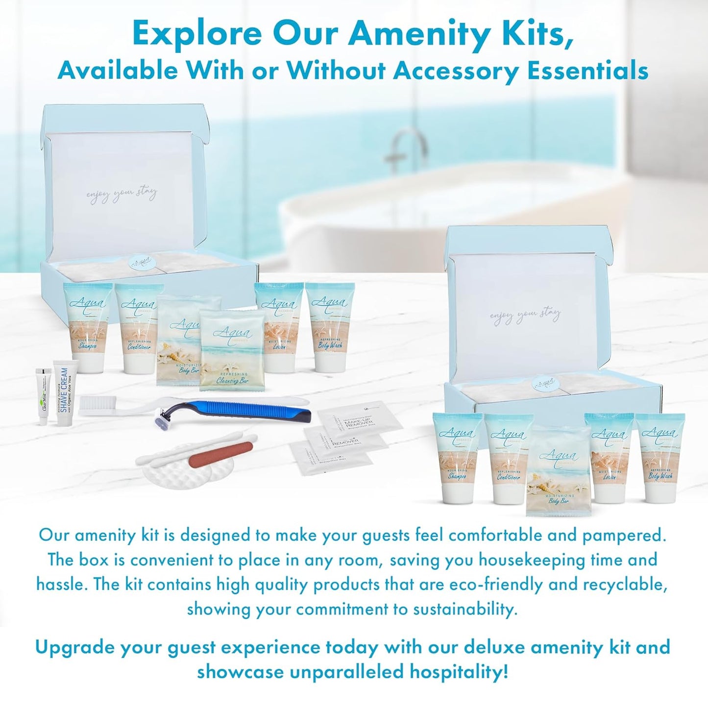 1-Shoppe All-In-Kit|Aqua Organics Amenity Kit|Boxed Hotel Toiletries|Bulk Set 1oz Travel Size Shampoo,Conditioner,Lotion,Body Wash & Bar Soap for Guest Hospitality AirBnB/Vacation Rentals|5 Pieces