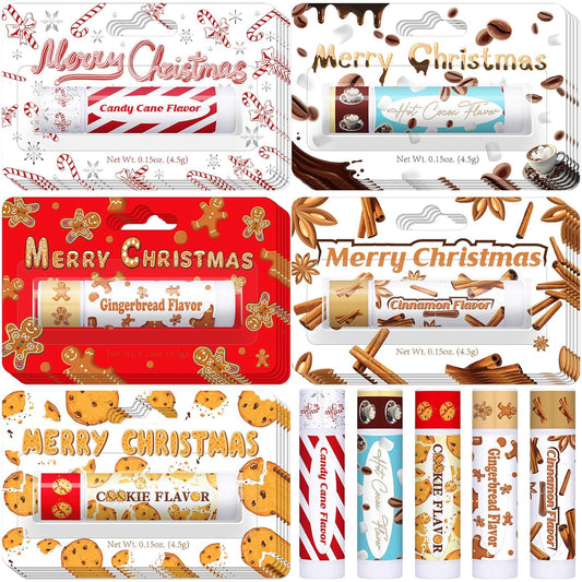 25 Pcs Christmas Lip Balms Stocking Goodie Bags Stuffers Bulk Xmas Gifts Candy Hot Cocoa Cookie Cinnamon Gingebread Biscuits Flavor 5 Style Holiday Treat Small Gifts Party Supplies
