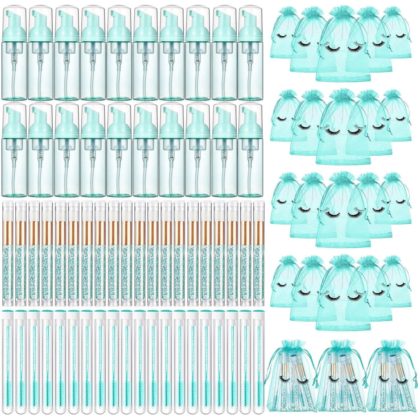 Zhehao 80 Pcs Lash Shampoo Bottle Brushes Kit 20 Foam Pump Dispensers 20 Lash Shampoo Brushes 20 Eyelash Aftercare Bag 20 Cleaning Pipes, Eyelash Extension Supplies(Green, Blue)