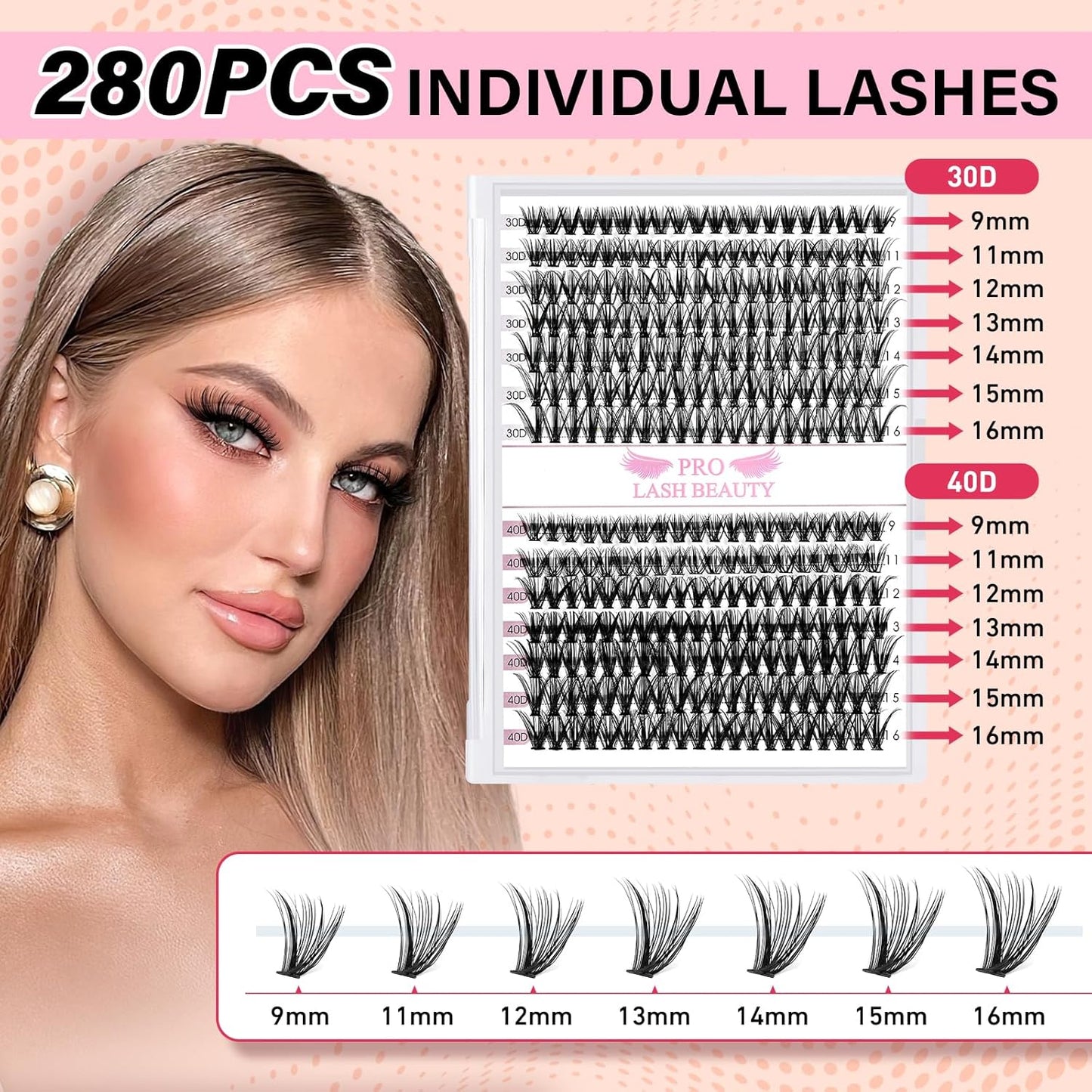 Individual Lashes 280 Pcs 30D+40D Mixed Lash Clusters 14 Rows that Look Like Eyelash Extensions DIY Lash Extension Self Application At Home (30+40-D-9-16mix)