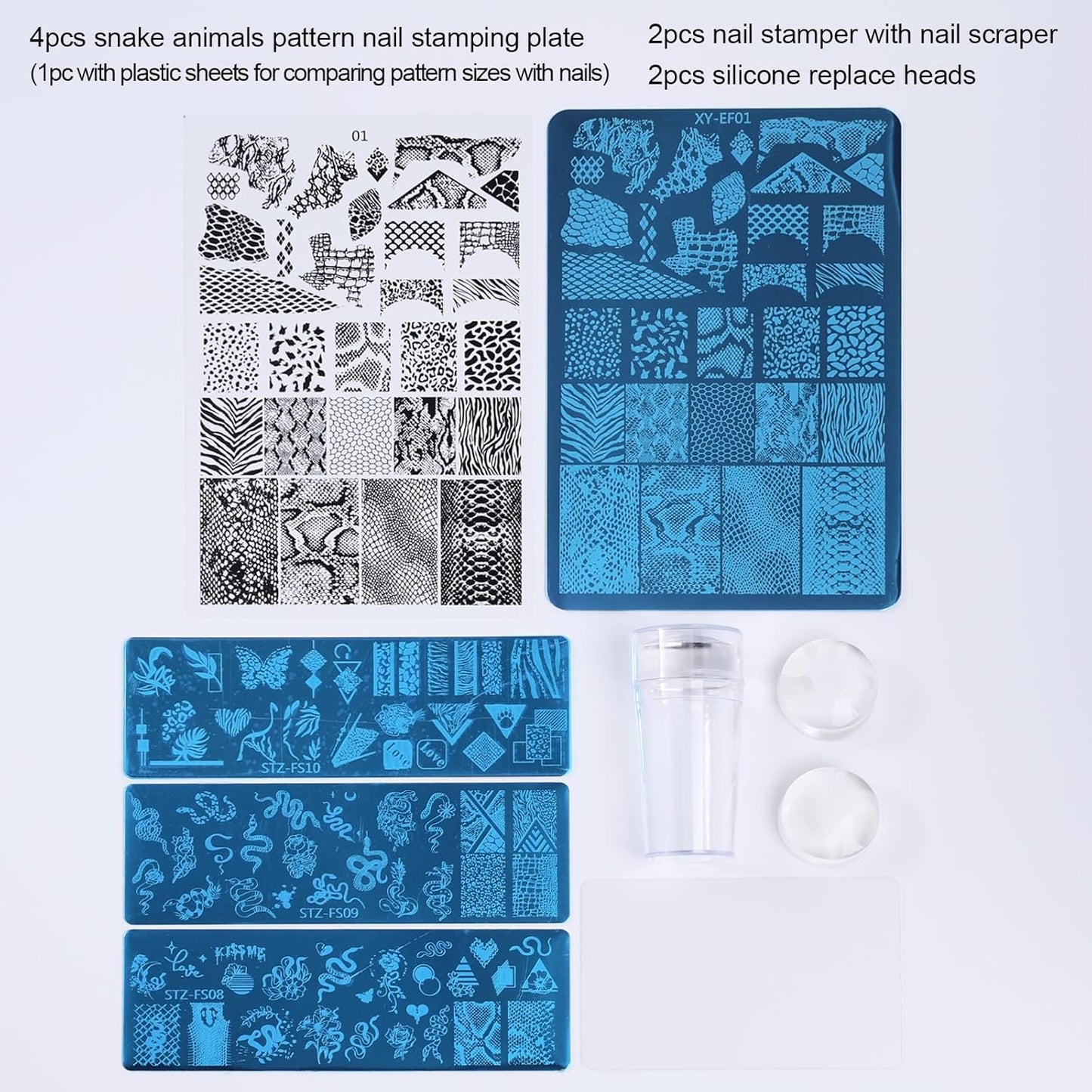 4pcs Snake Leopard Print Nail Stamping Plate Stencil with French Tip Nail Stamper Kit Reusable Salon Nail Set DIY Manicure Supplies Nail Art Tools