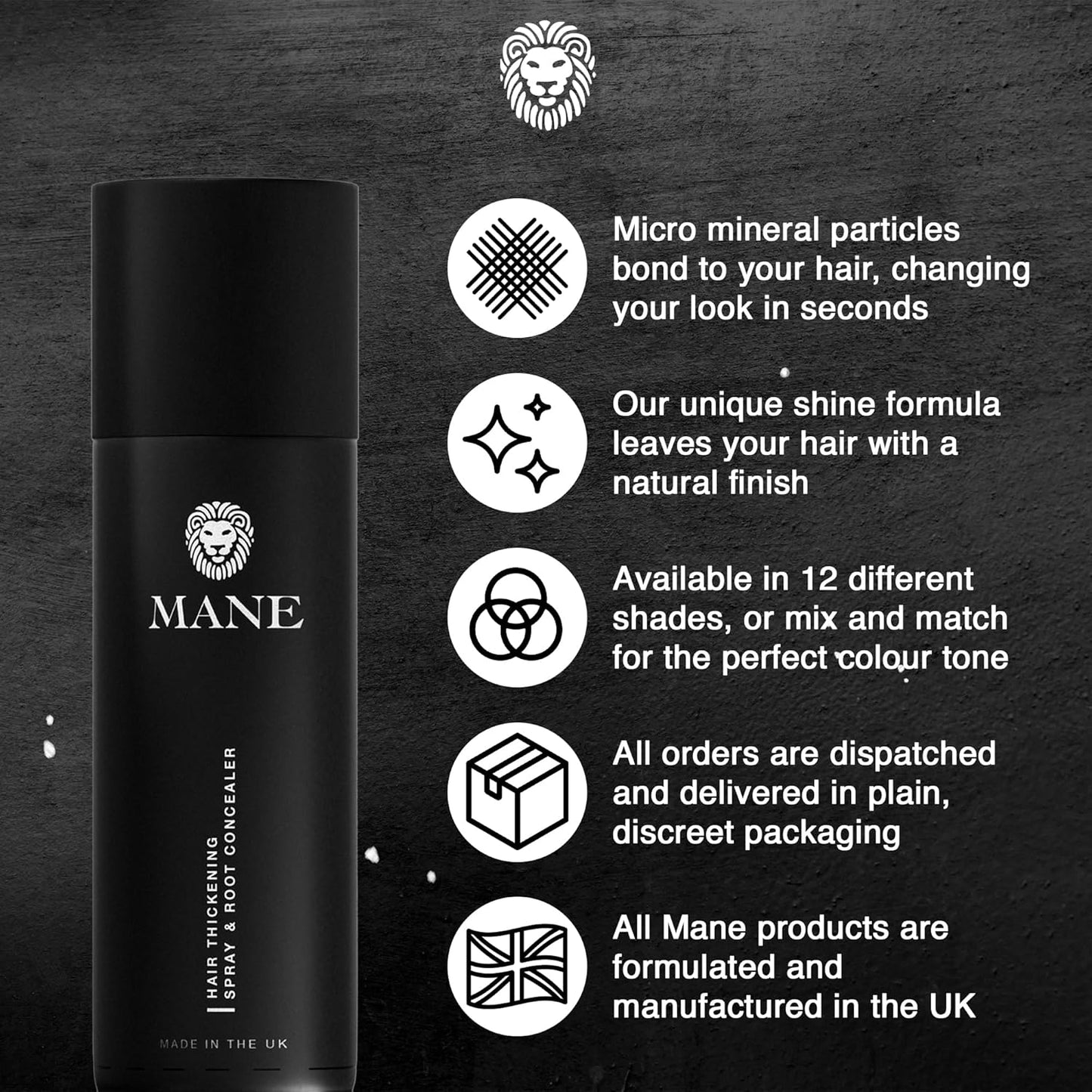 Mane Hair Thickening Spray & Root Touch Up, Instantly Thicker Hair for Men & Women, Fill in Hairlines and Hide Thinning and Fine Patches - Black, 12 Colors (6.76 oz)