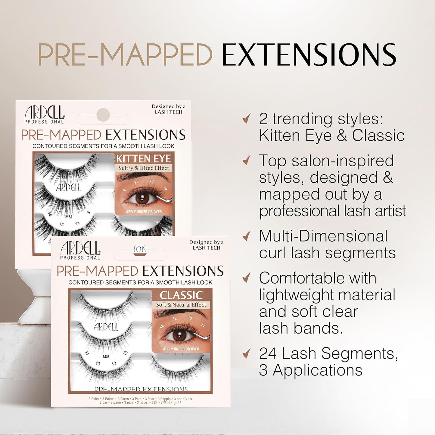 Ardell Pre-Mapped Eyelash Extensions Kit - False Lashes Doll Eye, Reusable Segmented Lash Strips, Long-Lasting with Lash Glue and Remover, 4 Pack