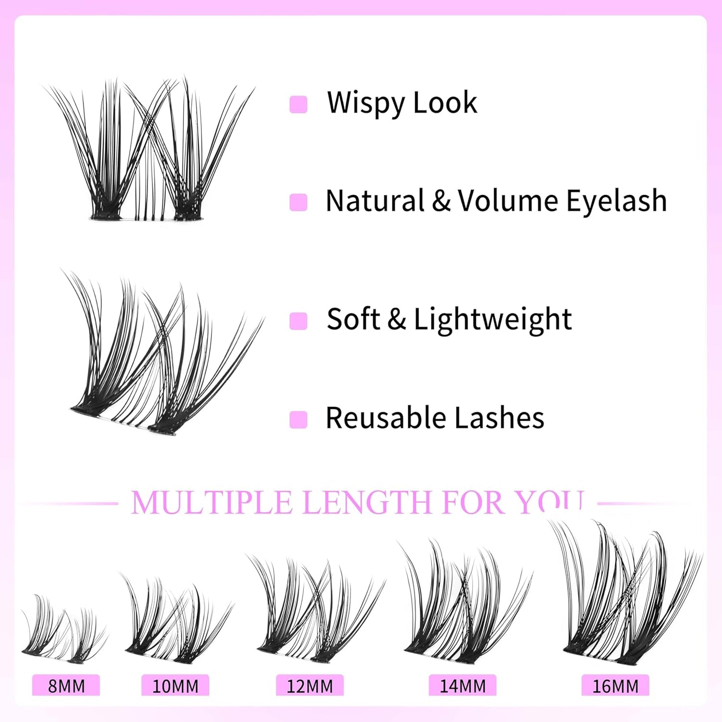 VEYESBEAUTY Lash Clusters Eyelash Extensions Thin & Invisible Band DIY Individual False Eyelashes Newbie's Five-Second Series Wispy Lash Tray for Self-application, Whisper Lashes 8-16mm Mixed Length
