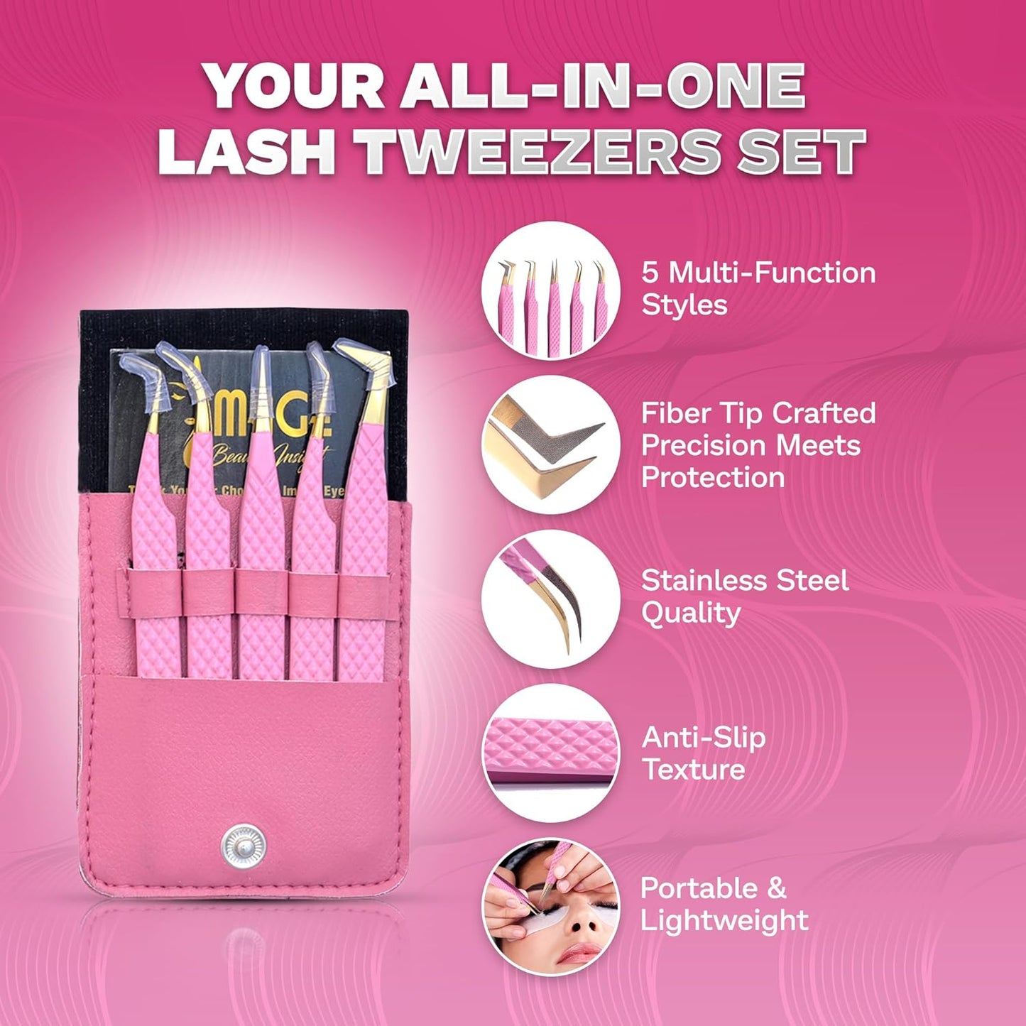 5 Pcs Fiber-Tip Japanese Steel Lash Tweezer Set with Leather Case, Professional Eyelash Tweezers for Lash Extensions – Titanium Coated, 90 & 45 Angled, Precision Pointed Tweezers (PINK)