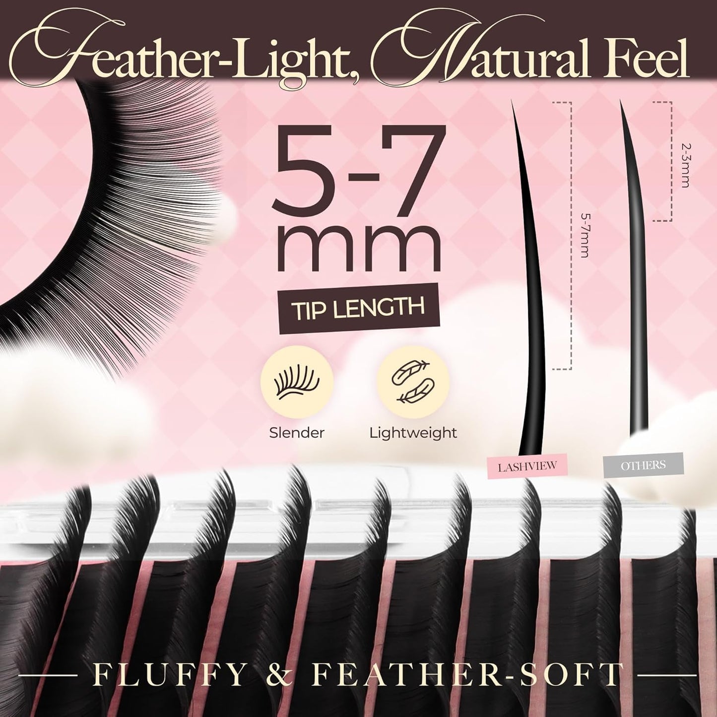 LASHVIEW Volume Lash Extensions 0.03-0.20 J/B/L/C/CC/D Curl 8-16mm Mixed & Single Length Tray, Soft Matte Dark Professional Eyelashes Extension(0.07 C 8-16mm)
