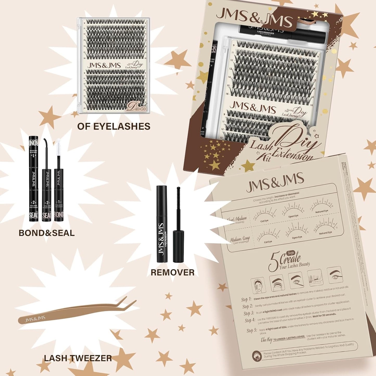 DIY Lash Extension Kit Lash Clusters Kit 40D+50D D Curl Individual Lashes Eyelash Extension Kit 280 pcs Thin Band Cluster Lashes Lash Bond and Seal Tweezers Easy to apply