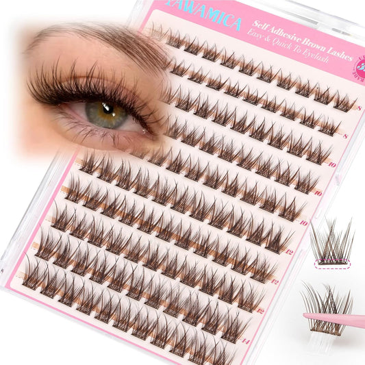 Yawamica Self Adhesive Eyelashes Brown Lash Clusters No Glue Needed Press on Lashes Reusable Pre-glued Eyelash Clusters 8-14mm Wispy Individual Lashes C Curl Cluster Lashes DIY Brown Lash Extension