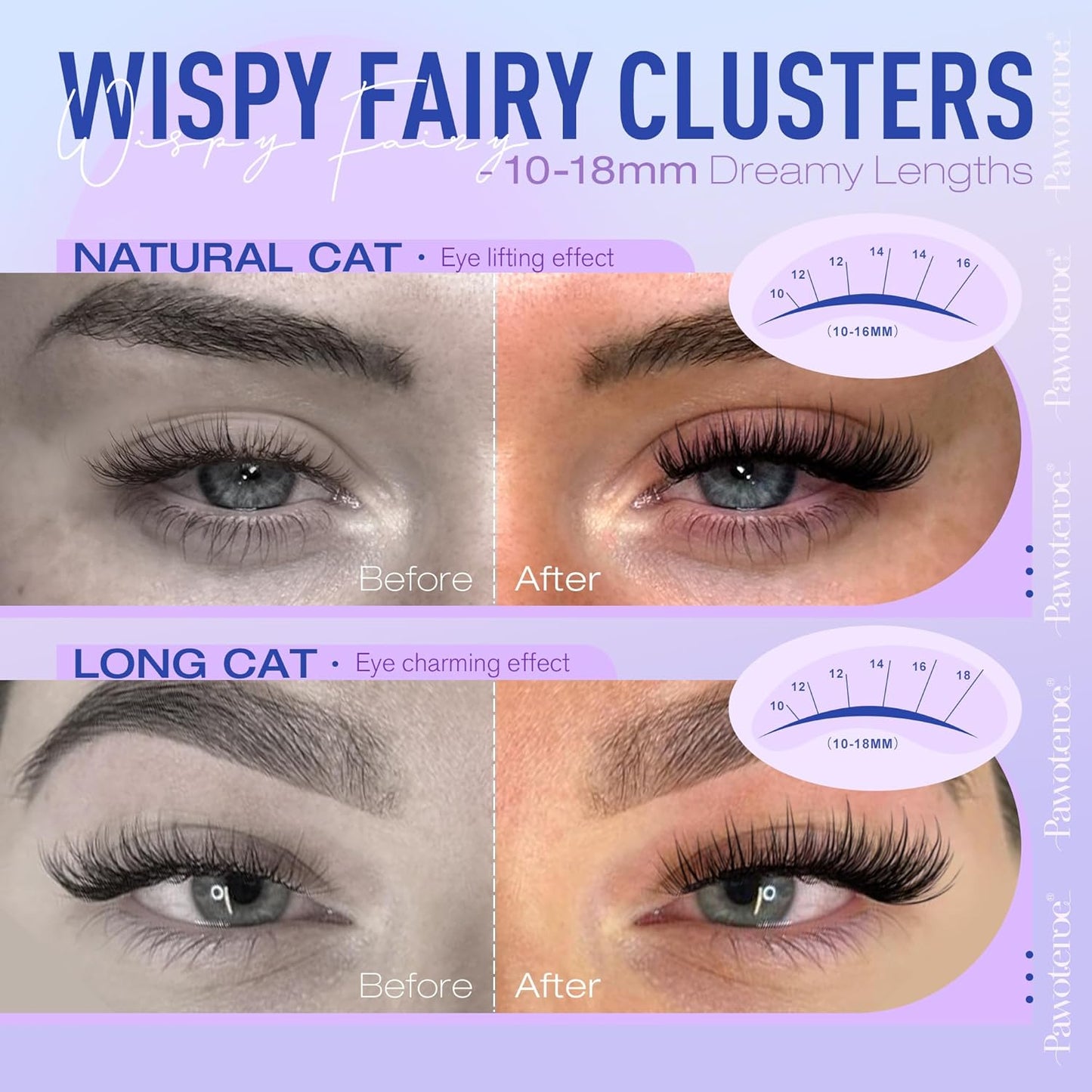 Pawotence Lash Clusters Fairy Eyelash Clusters 10-18mm Wispy Lashes Cluster Eyelash Extensions 144pcs Wet Individual Cluster Lashes Full False Eyelashes for DIY Lash Extension