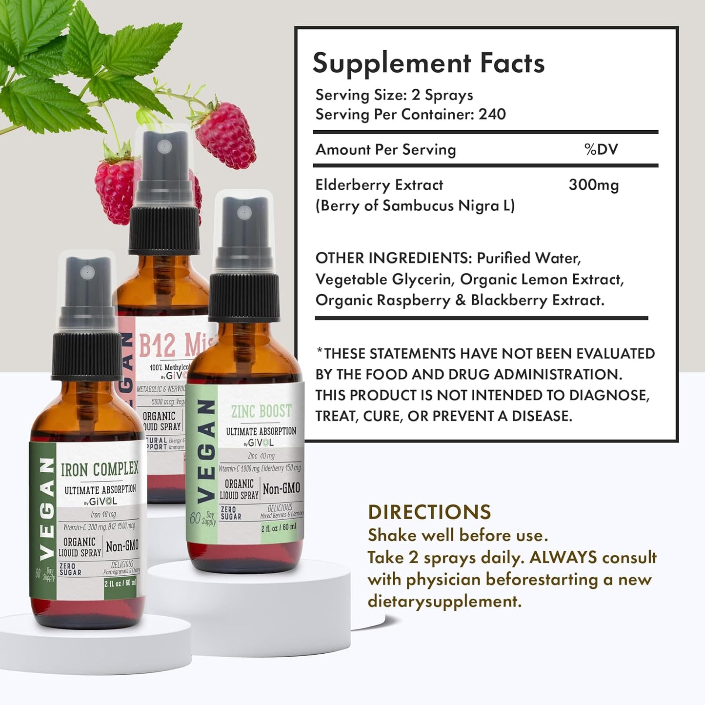 Iron Support Spray Bundle Liquid Vitamin B12 Methylcobalamin, Zinc Picolinate, and Bisglycinate | Non-GMO, Gluten-Free, Sugar-Free Iron Supplement | 2 Fl Oz Each | 360 Days Supply