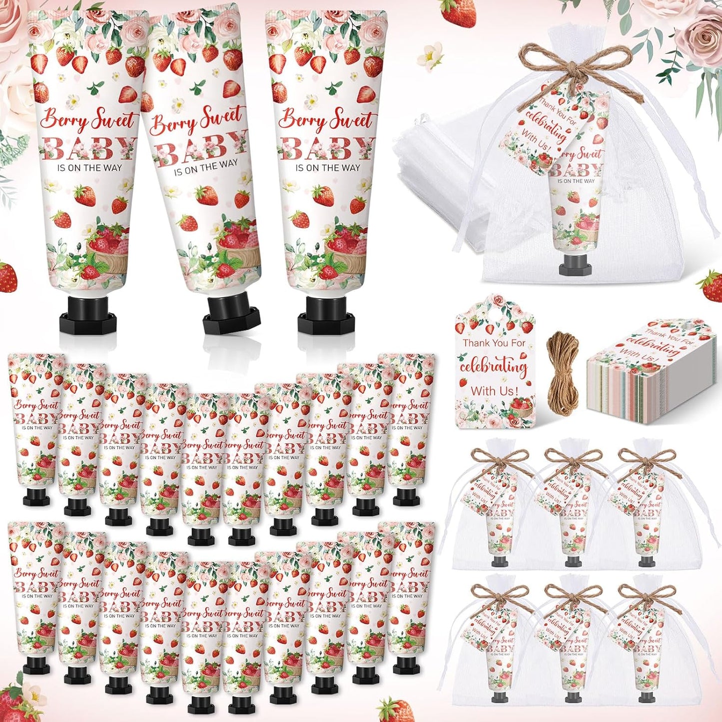 48 Sets Strawberry Hand Cream Gifts Baby Shower Party Hand Cream Favors for Guests Berry Sweet Baby Is on the Way Gift Bulk Travel Size Hand Lotion Set for Guest