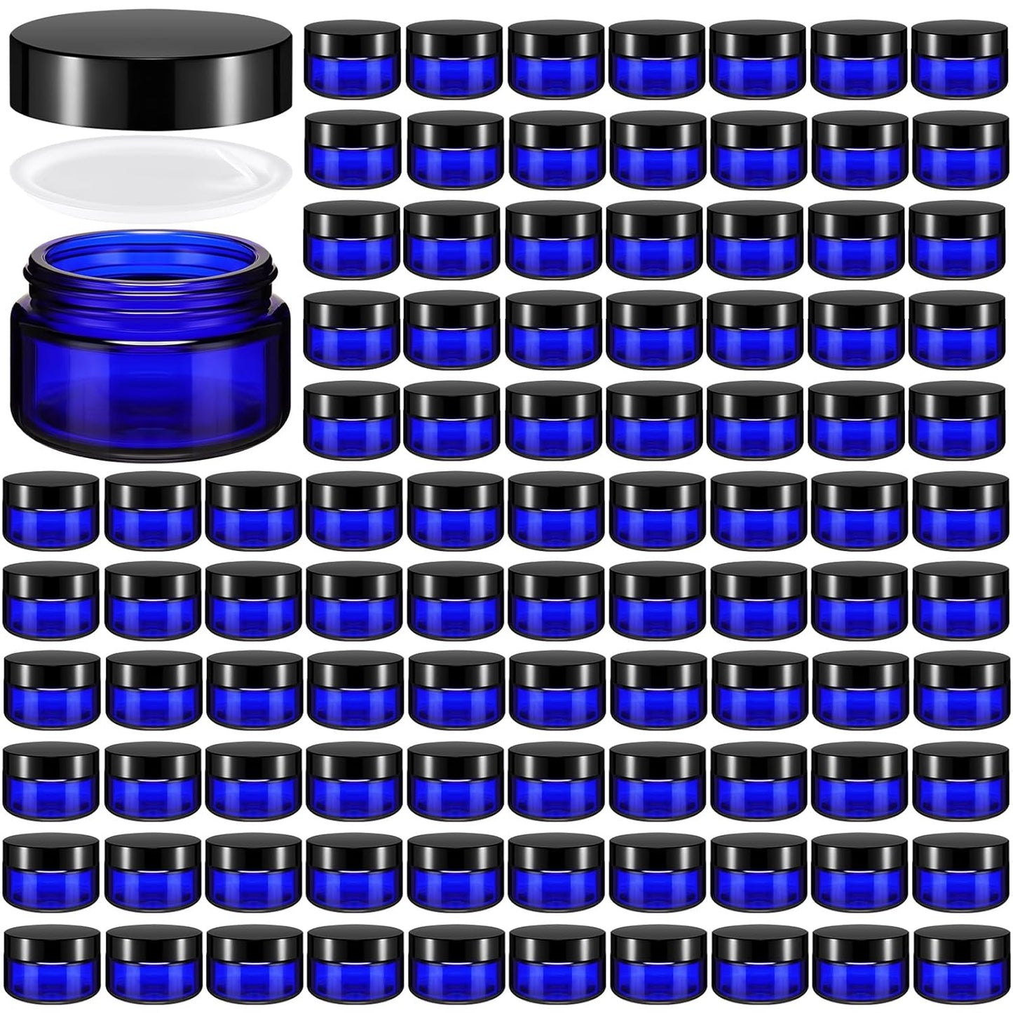 Domensi 100 Pcs 1 oz Glass Jars with Lids Bulk Round Glass Cosmetic Jars Lids 1 oz Small Travel Containers with Inner Liner for Lotions Powders Ointments Sample Cream(Cobalt Blue, Black)