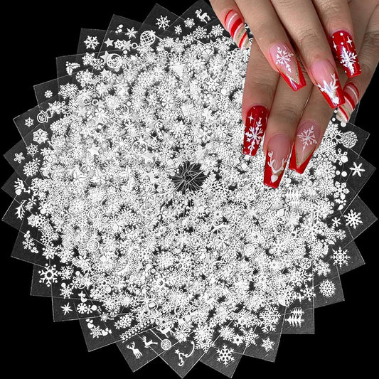 30 Sheets Christmas Nail Art Stickers 3D Self-Adhesive Snowflake Holiday Nail Stickers White Snowmen Santa Claus Elk Decals Decorations Supplies for Women (Snowflake)