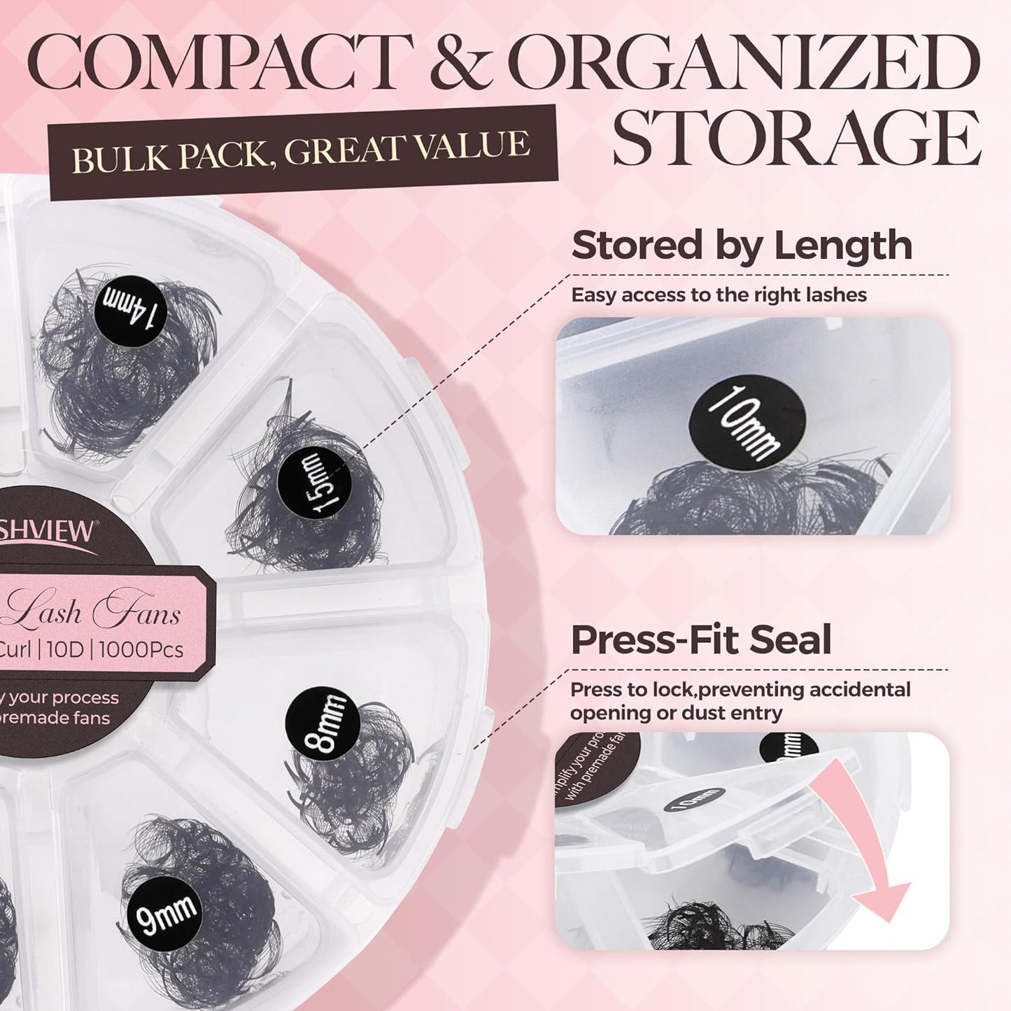 LASHVIEW 1000 Fans Premade Volume Eyelash Extensions Mixed Tray C Curl Pointed Handmade Loose Fans Thin Base (10D-0.07C,8-15mm)