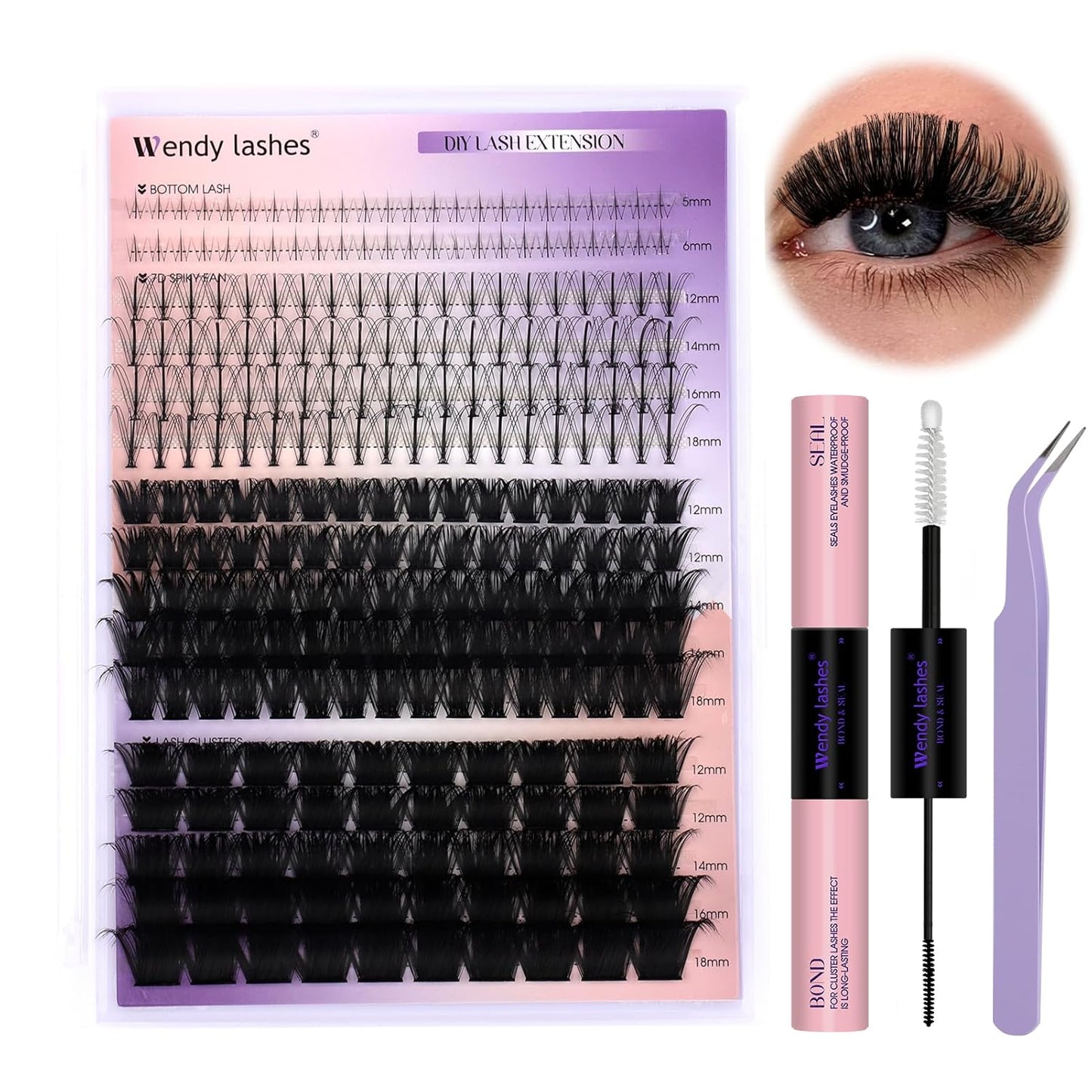 DIY Lash Extension Kit 100D/200D Lash Clusters With Bottom Lashes 12-18mm Multi-types Individual Lashes Bond and Seal, Spike, Volume Lashes Kit Lash Applicator(100/200 Kit)