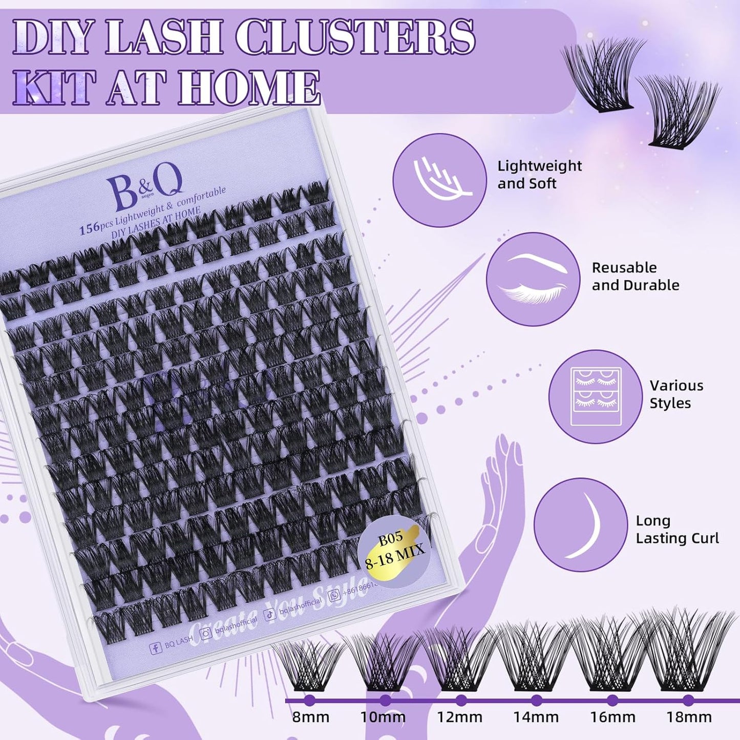 B&Q Lash Clusters 156PCS Lash Clusters Kit B05 DIY Lash Extension Kit Eyelash Extension Kit 8-18mm Lashes Clusters with Lash Bond & Seal Lash Applicator Tool for Self Use (Kit,B05)