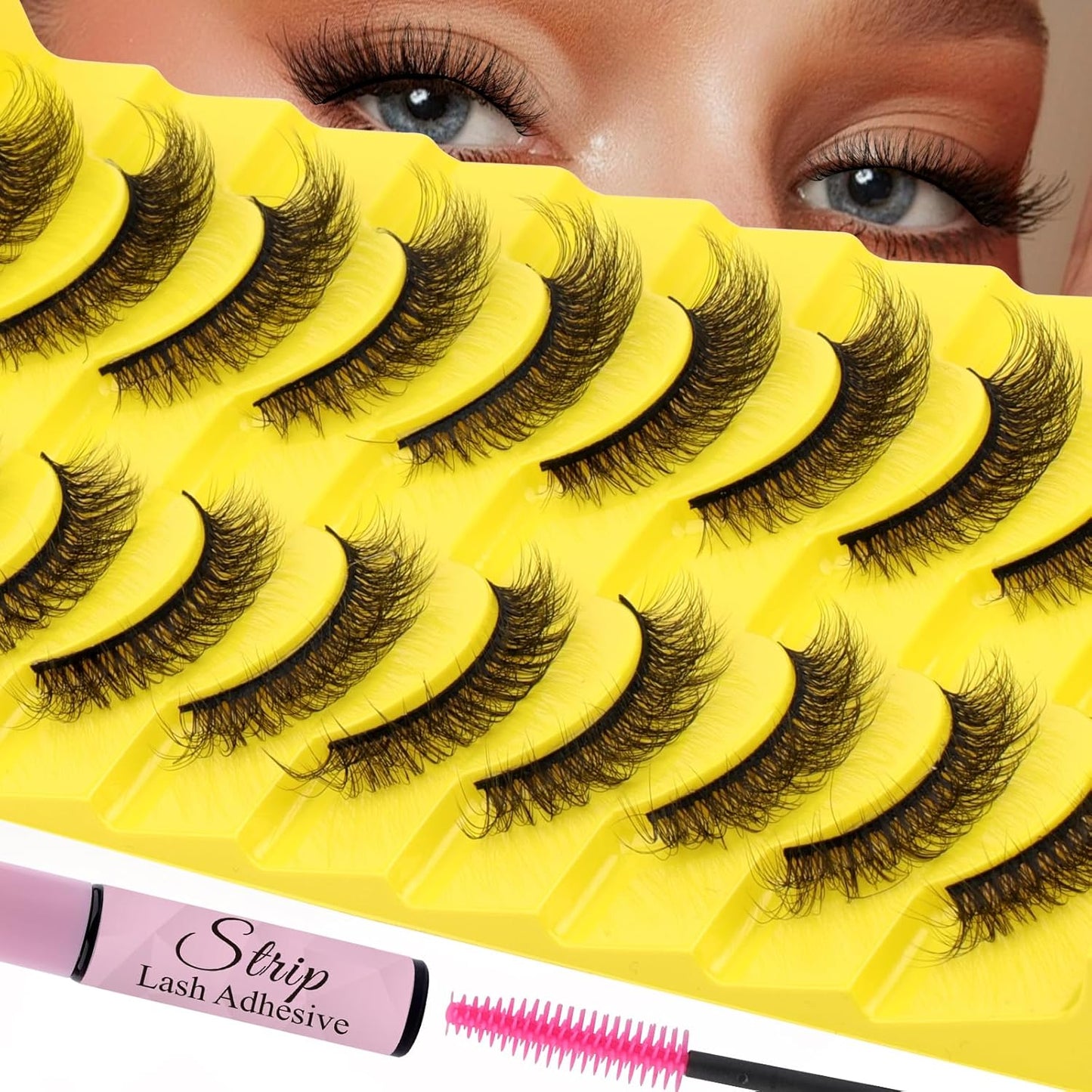 Strip Lash with Glue for DIY Lash-users: 10 Pairs, DIY, Natural Look, Fluffy, Manga, Wispy, Waterproof, Anime, Cat Eye, D Curl, JN17
