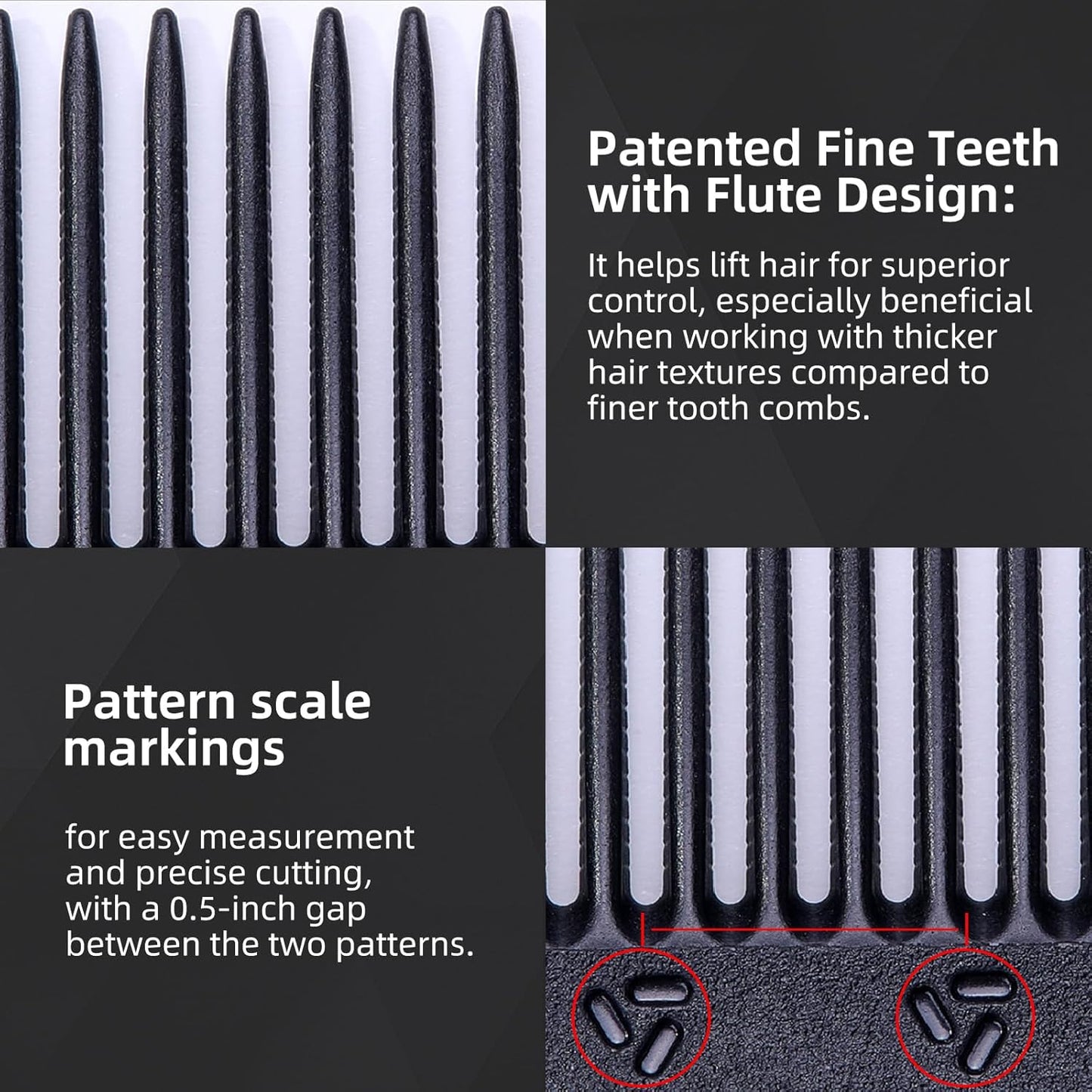 PERFEHAIR 2-Pack Professional Round Tooth Hair Cutting Comb - 7 Inch, Black Carbon Fiber Anti-Static & Heat Resistant, Durable Barber Combs with Fine & Wide Tooth for Precise Haircut for Men & Women