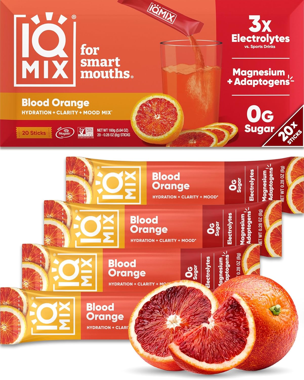 IQMIX Hydration Electrolyte Powder – 4-in-1 Formula for Hydration, Mental Clarity, Mood and Recovery – Sugar-Free Drink Mix, Keto, Magnesium L-Threonate, Lion’s Mane – 20 Count Blood Orange