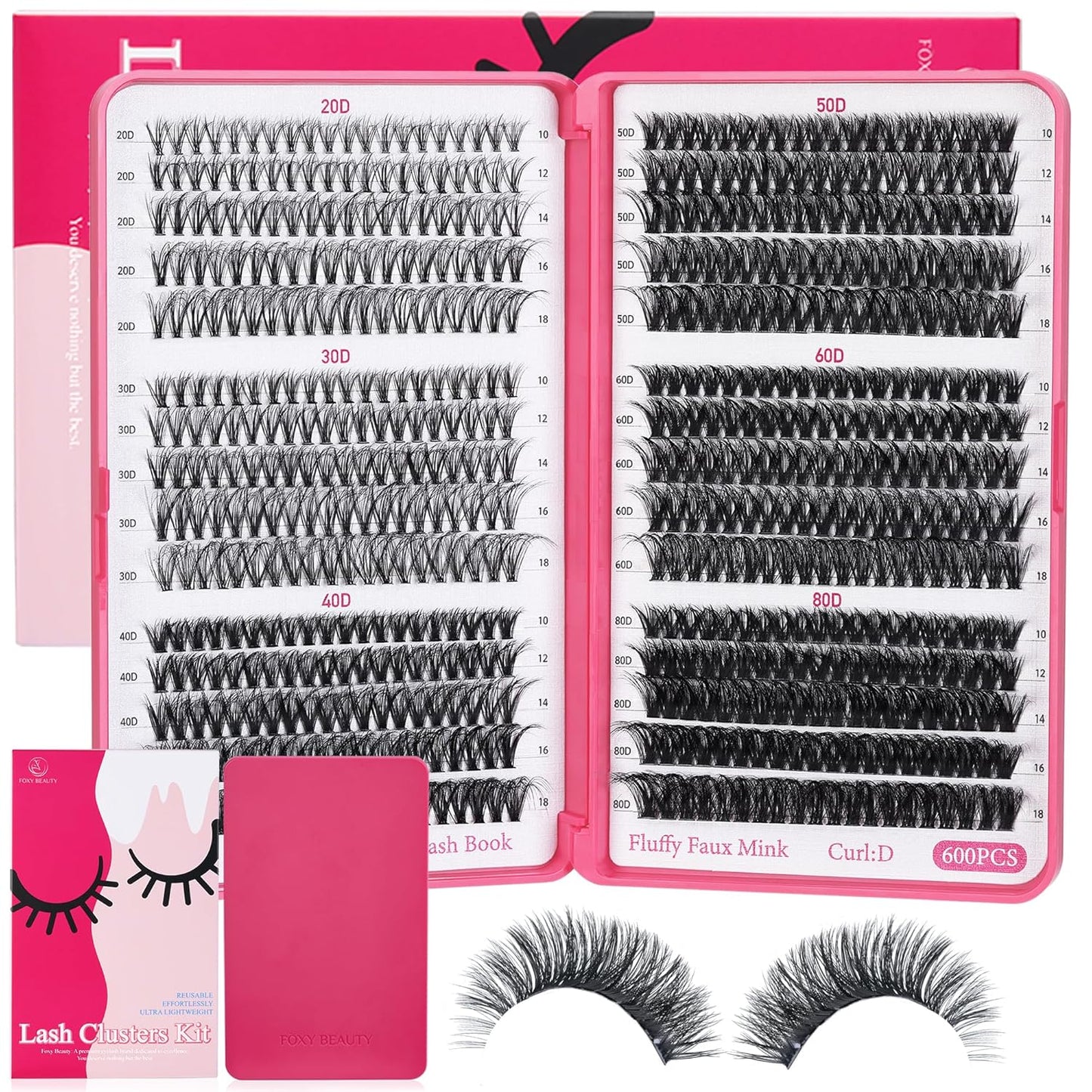 Lash Clusters 600PCS - Eyelash Clusters 20D+30D+40D+50D+60D+80D Wispy Individual Lashes D Curl Lash Extension 10-18MM Natural Lash Clusters DIY Cluster Eyelash Extensions for Beginners