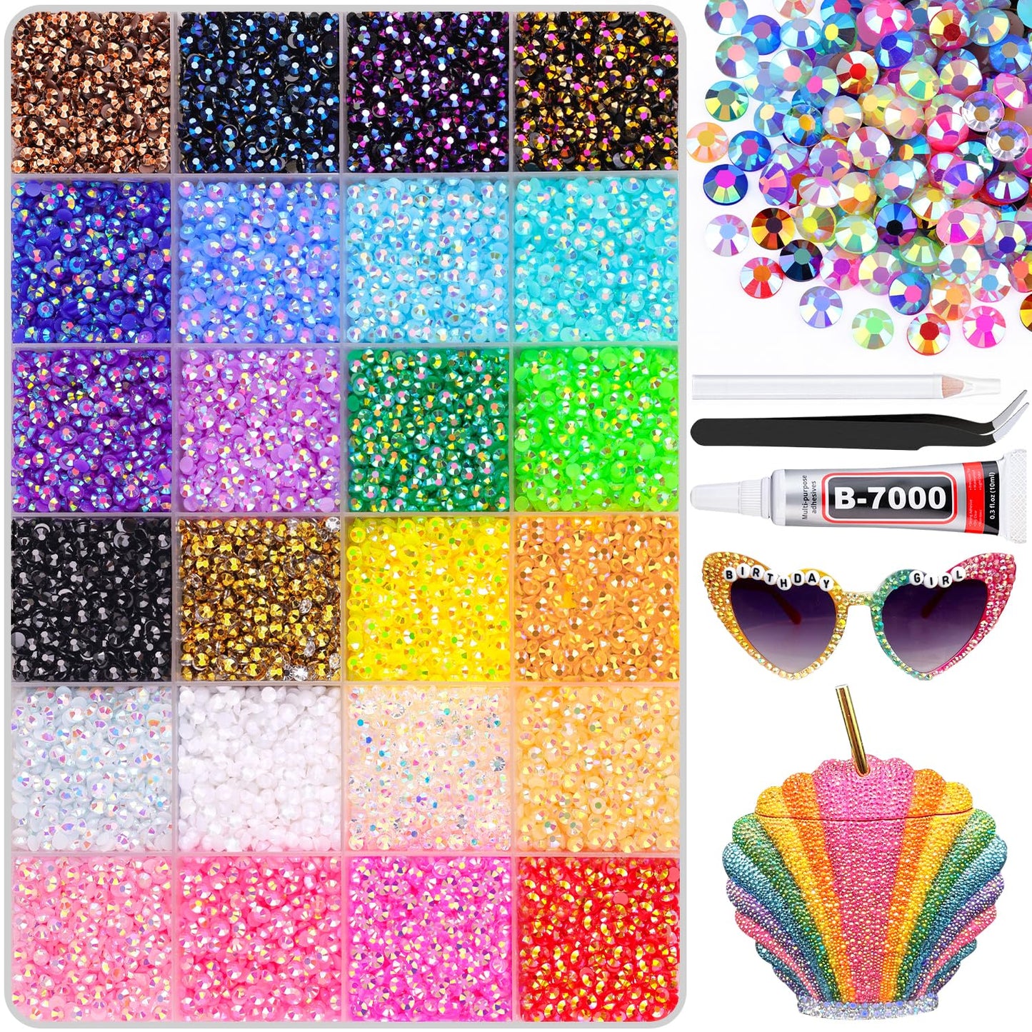 24000Pcs Resin Rhinestones for Bedazzling with B7000 Jewelry Glue, Colorful 3mm Non Hotfix Flatback Gems, Rhinestones for Crafting DIY Crafts Clothing Tumblers Mugs Shoes Fabric Decor Nail Art