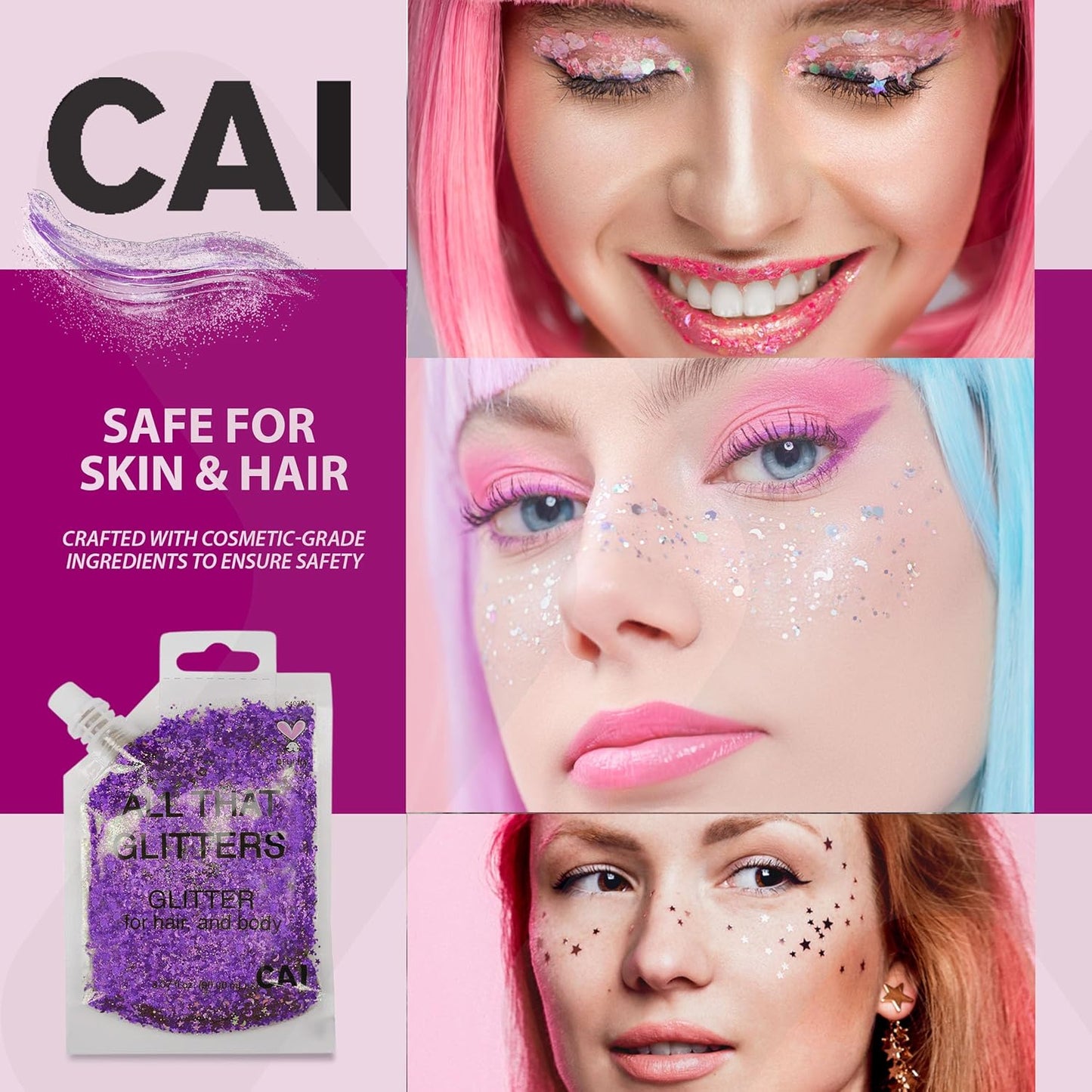 Face, Body & Hair Glitter Gel – Halloween Glitter for Kids and Women – 3 Oz Cosmetic-Grade Gel w/Moon & Stars for Festivals & Halloween Party, Easy Apply & Wash Off - Violet 1Pack