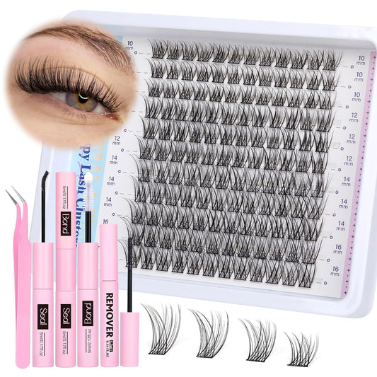 Cluster Eyelash Extensions Kit Lash Clusters Kit Natural Wispy Individual Lashes Kit C-curly DIY Lash Extension Kit 10-16MM Eyelash Clusters Kit with Lash Remover by Newcally
