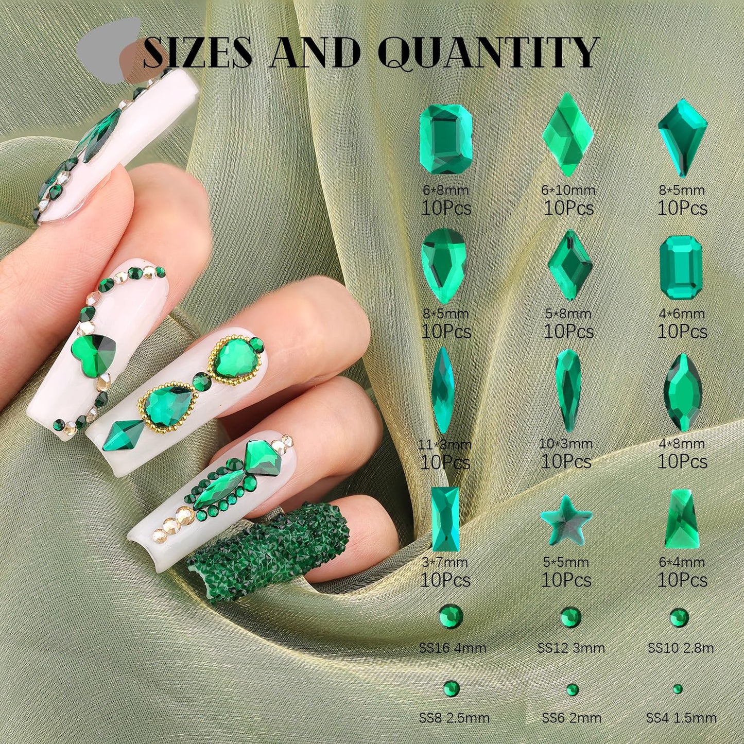 3220Pcs Emerald Green Glass Nail Rhinestones 120Pcs Multi Shapes Flatback Nail Gems +3100Pcs 1.5-4mm Round Crystal with Rhinestones Glue Gel, Manicure Nail Charms Diamond Gemstones for Nail Art