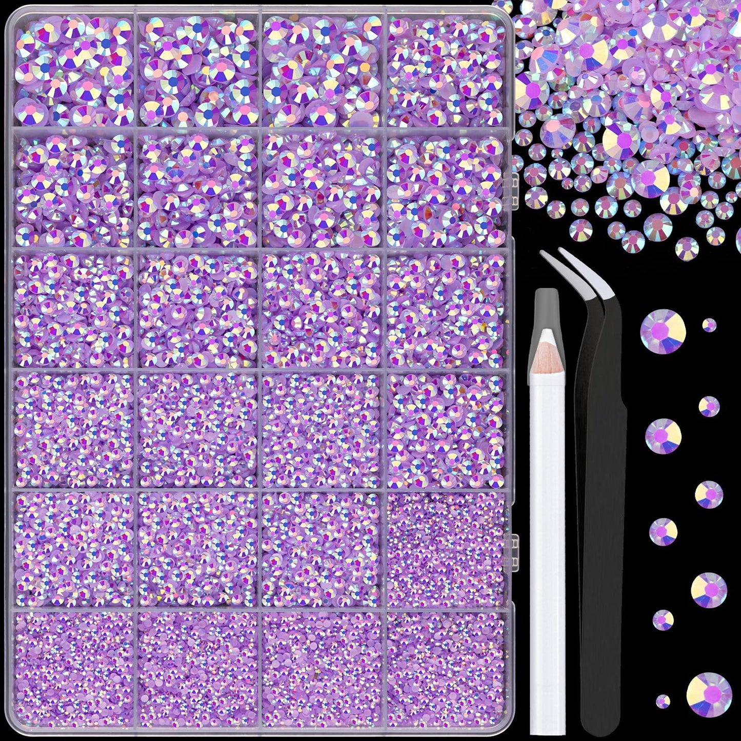 25000Pcs Resin Jelly Rhinestones for Crafting, Lavender Purple AB 2-6mm Mixed Sizes Non Hotfix Flatback Gems, Bedazzling Crystal for DIY Crafts Clothing Tumblers Mugs Shoes Fabric Nail Art