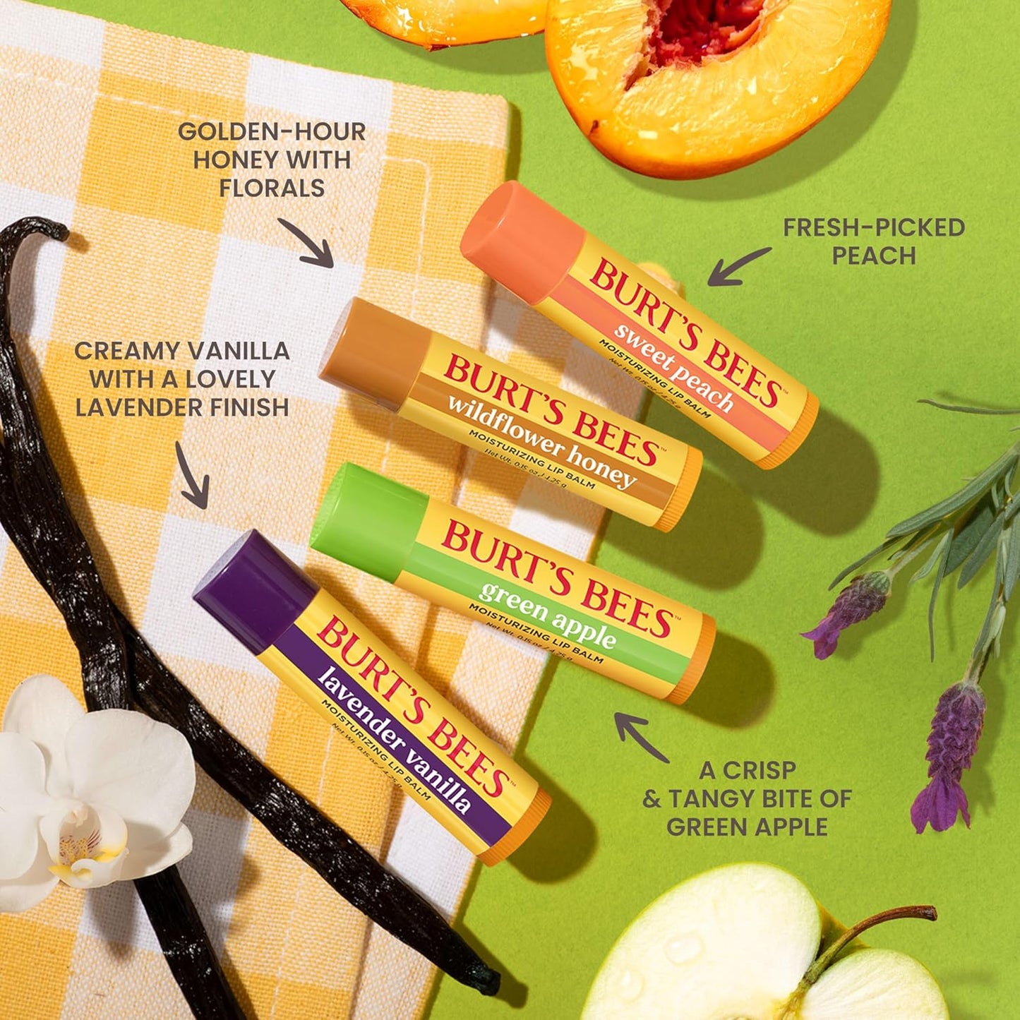 Burt's Bees Back To School Gifts Ideas - Garden Party Lip Balm Set, Lavender Vanilla, Sweet Peach, Green Apple, Wildflower Honey, Natural Origin Lip Treatment, 4 Tubes, 0.15 oz.