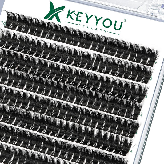 KEYYOU Volume Wispy Lash Extension 96pcs Individual Lashes D Curl 14mm Soft&Comfortable Easy DIY at Home