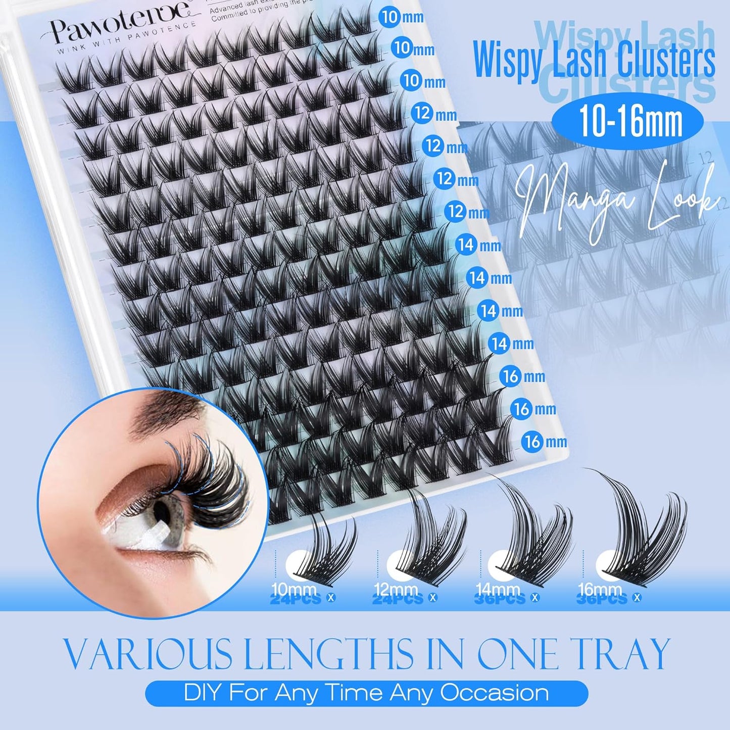Pawotence Lash Clusters Wispy Eyelash Clusters 10-16mm Manga Individual Lashes Cluster Eyelash Extensions 168pcs Lash Extension DIY False Eyelashes Cluster Lashes with Soft Thin Band