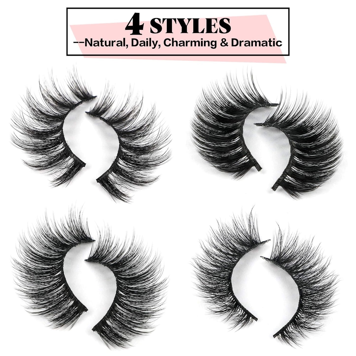 JIMIRE 20 Pairs False Eyelashes 4 Styles Mink Eyelashes Fluffy Pack 3D Volume Faux Mink Cat Eye Lashes Pack
