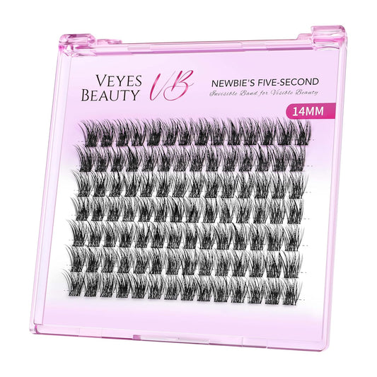 VEYESBEAUTY Lash Clusters Individual Eyelash Extensions Thin & Invisible Band DIY False Eyelashes for Self-application Newbie's Five-Second Series Wispy Lash Tray, Dreamy 14mm Single Length
