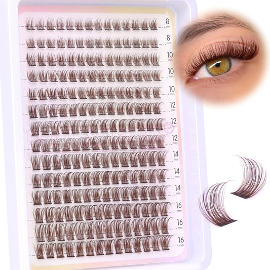Brown Lash Clusters Wispy Natural Eyelash Clusters Eyelash Extensions 196pcs D-Curly DIY Individual Lashes Extensions