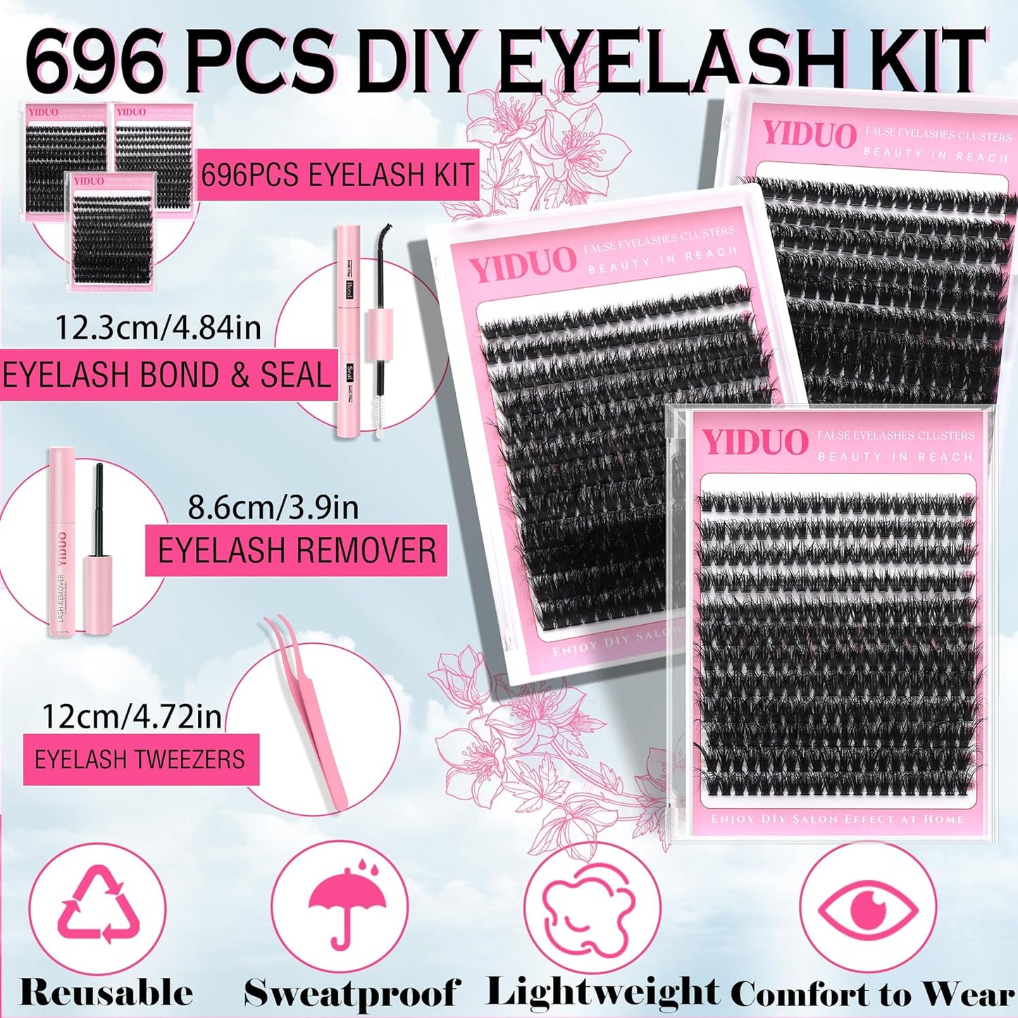 D Curl Volume Fake Eyelashes Lashes Cluster Kit Wispy Faux Mink Lashes 696Pcs Bulk Packs, DIY Individual Eyelash Extensions Wholesale Combo Pack with Glue|Tweezers|Removers