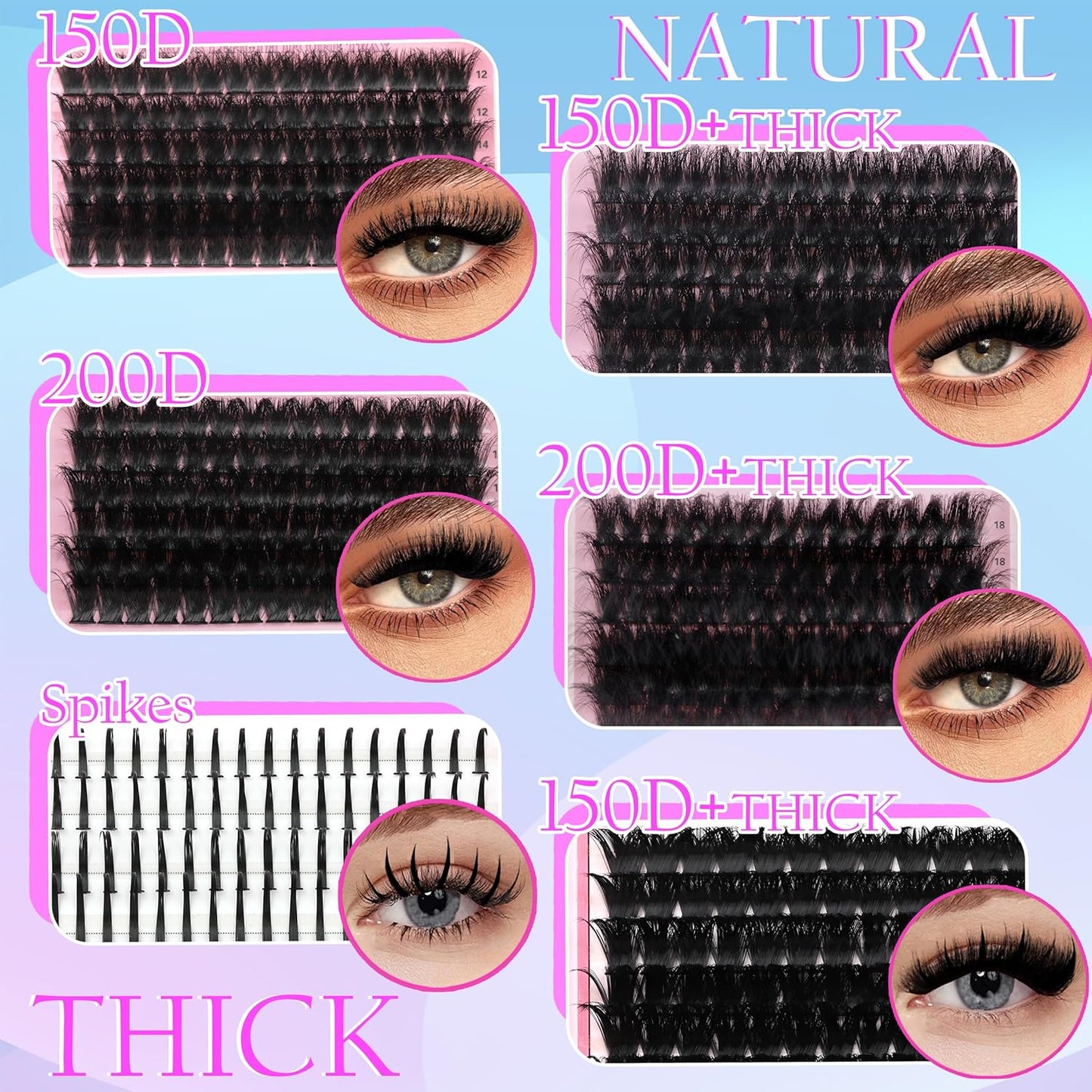 575Pcs Bulk Pack Lashes Clusters Kit with Glue and Removers, D Curl Volume 150D+200D+Spiky Lashes Clusters, 12-21mm Manga Extension Eyelashes DIY Individual False Eyelash Wholesale Pack