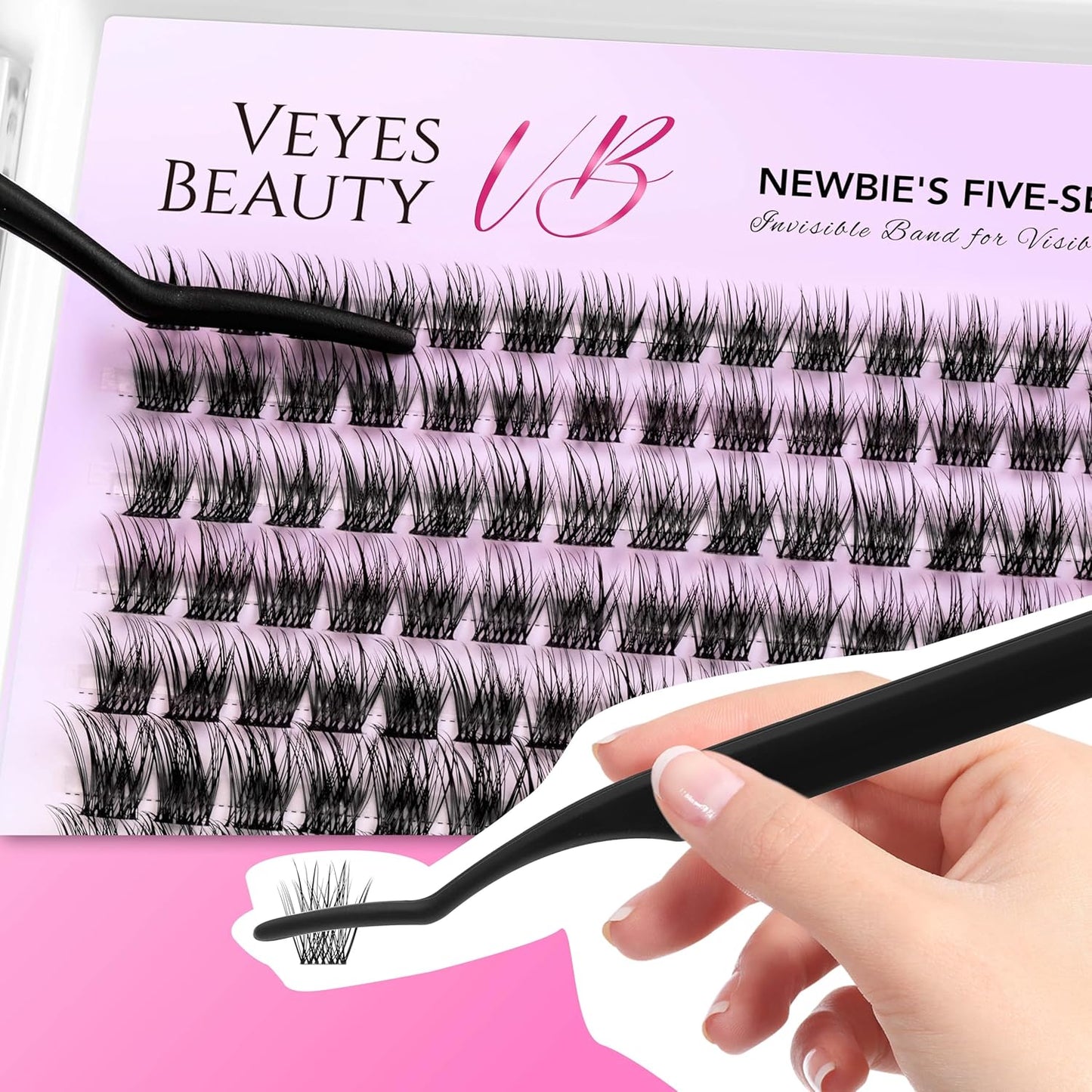 VEYESBEAUTY Lash Clusters Kit Individual Eyelash Extensions Thin & Invisible Band DIY False Eyelashes Newbie's Five-Second Series Wispy Lash Tray, Dreamy KIT with Bond&Seal Remover Applicator