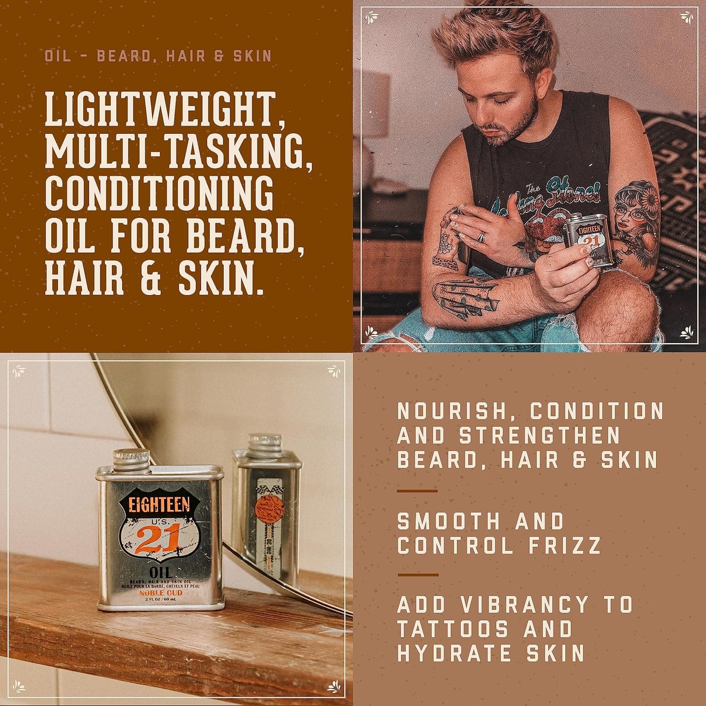 18.21 Man Made Man Sweet Tobacco & Noble Oud Beard, Hair & Skin Oil 2-Set Bundle, All Hair & Skin Types for Men, Strengthens and Moisturizes in a Manly Aroma